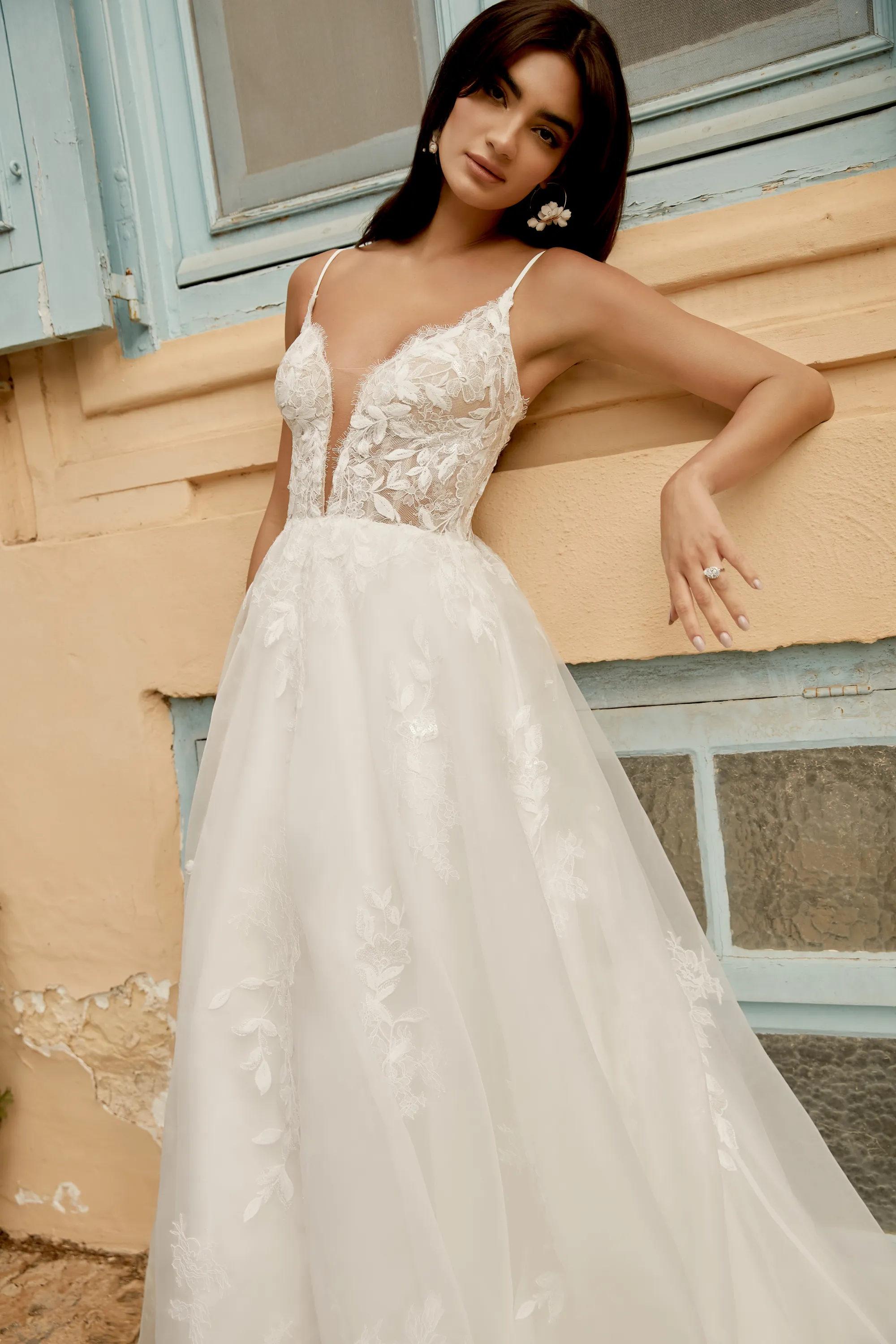 Graceful A-Line Plunge V-Neck Sequins Lace Wedding Dress 44486