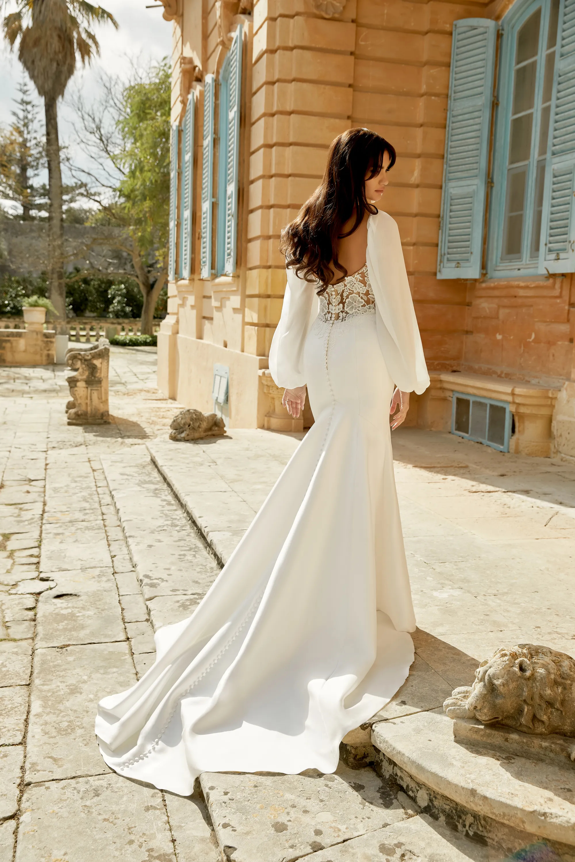 Graceful Fit and Flare Scoop Stretch Mikado Blouson Sleeves Wedding Dress 44494