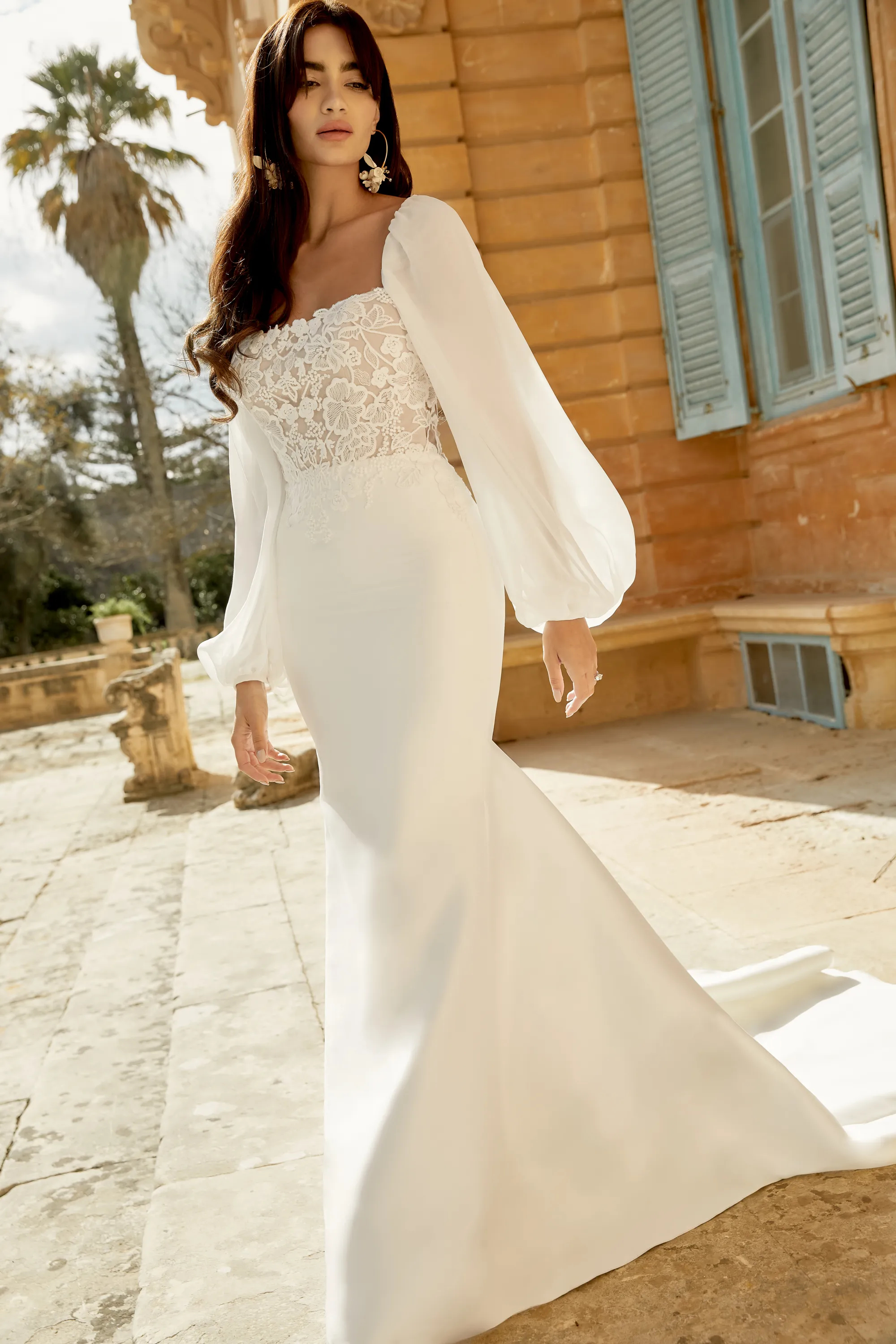 Graceful Fit and Flare Scoop Stretch Mikado Blouson Sleeves Wedding Dress 44494