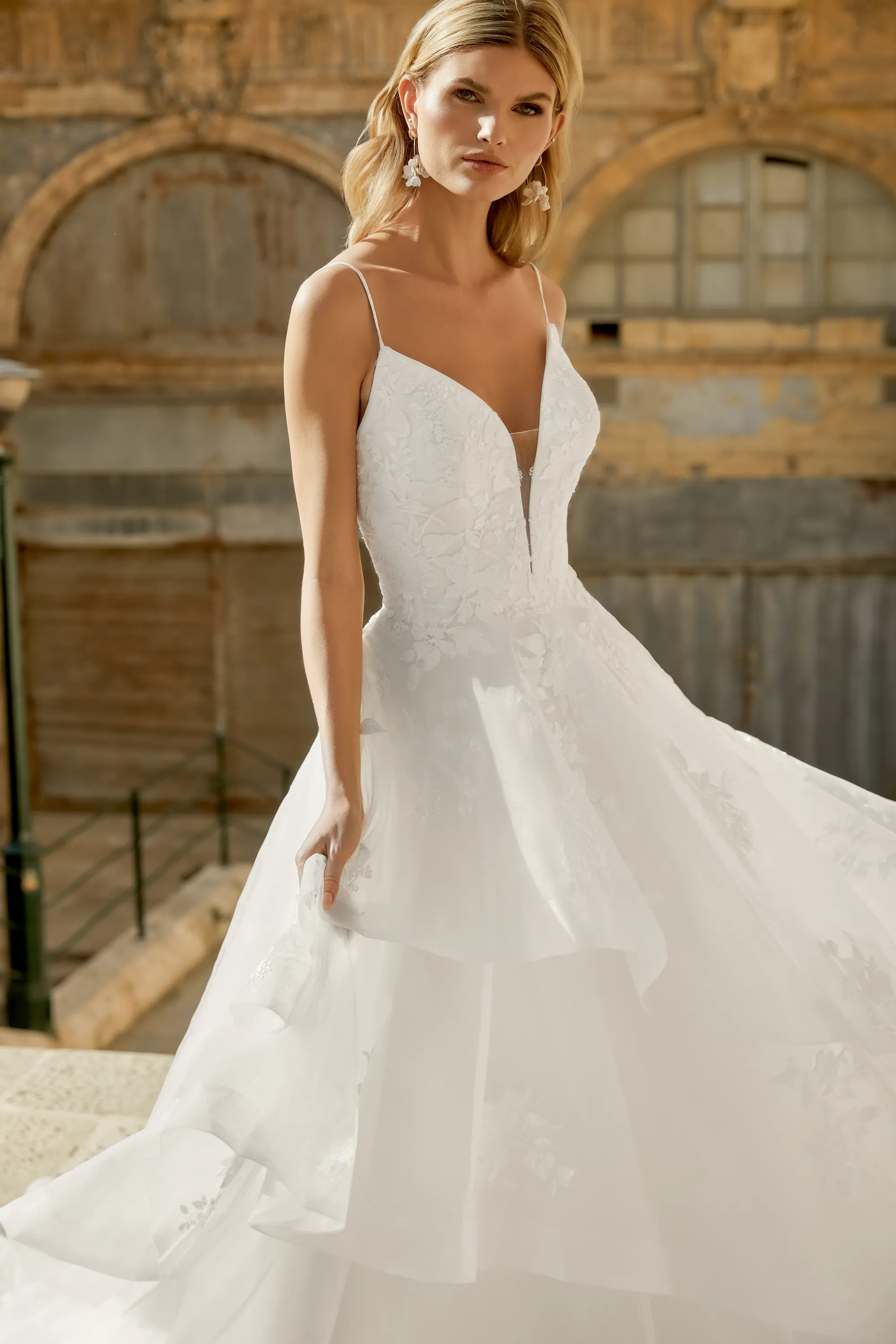 Ball Gown Plunge V-Neck Embroidery Lace Chapel Length Train Wedding Dress 44499