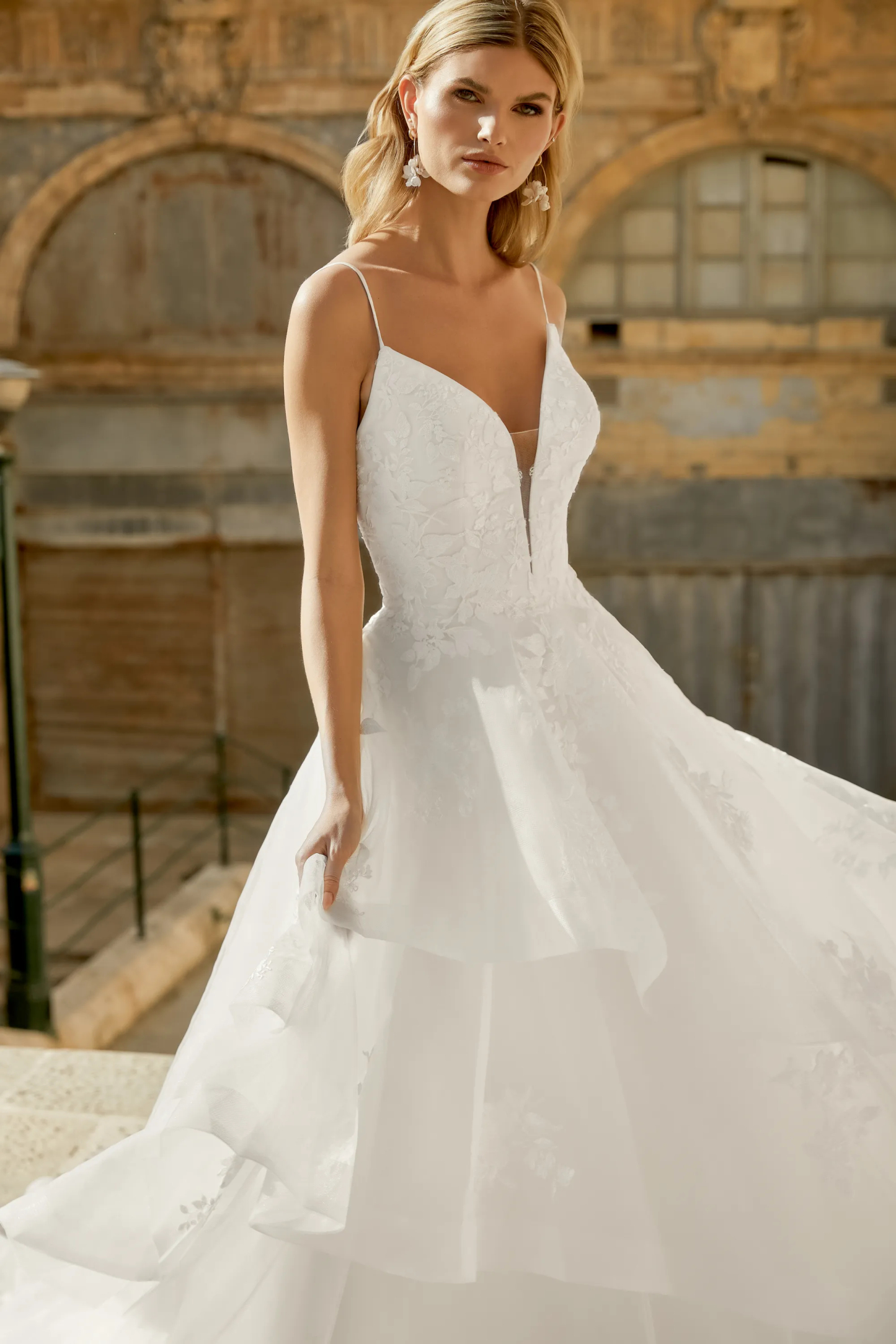 Ball Gown Plunge V-Neck Embroidery Lace Chapel Length Train Wedding Dress 44499