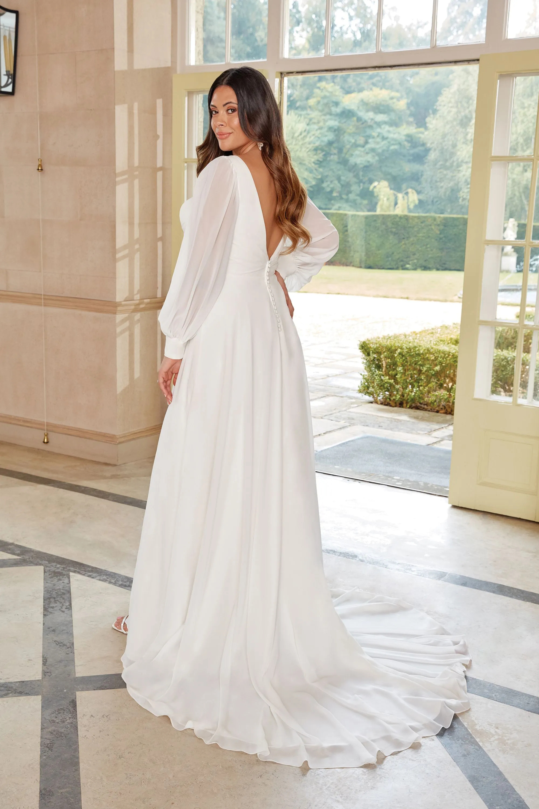 Romantic A-Line V-Neck Chiffon Chapel Length Train Pleated Wedding Dress 44264PS