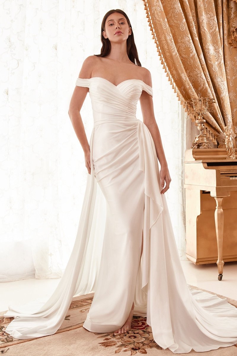 Fitted Draped Off The Shoulder Bridal Gown With Overskirt #WN315