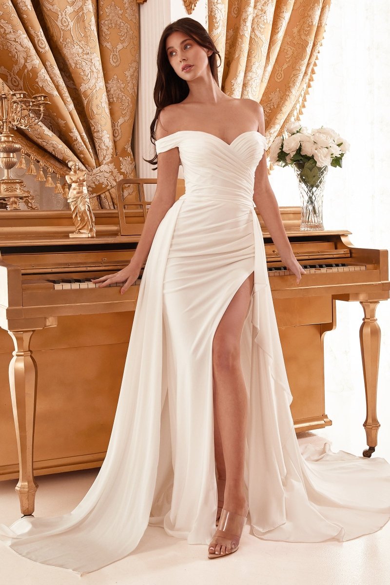 Fitted Draped Off The Shoulder Bridal Gown With Overskirt #WN315