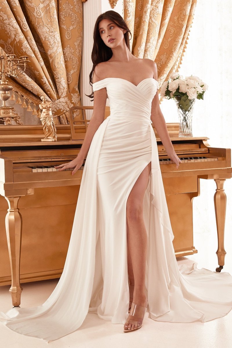 Fitted Draped Off The Shoulder Bridal Gown With Overskirt #WN315