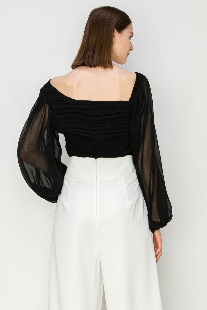 Chiffone Lace See-Through Pleated Balloon Sleeves Blouse #21984810