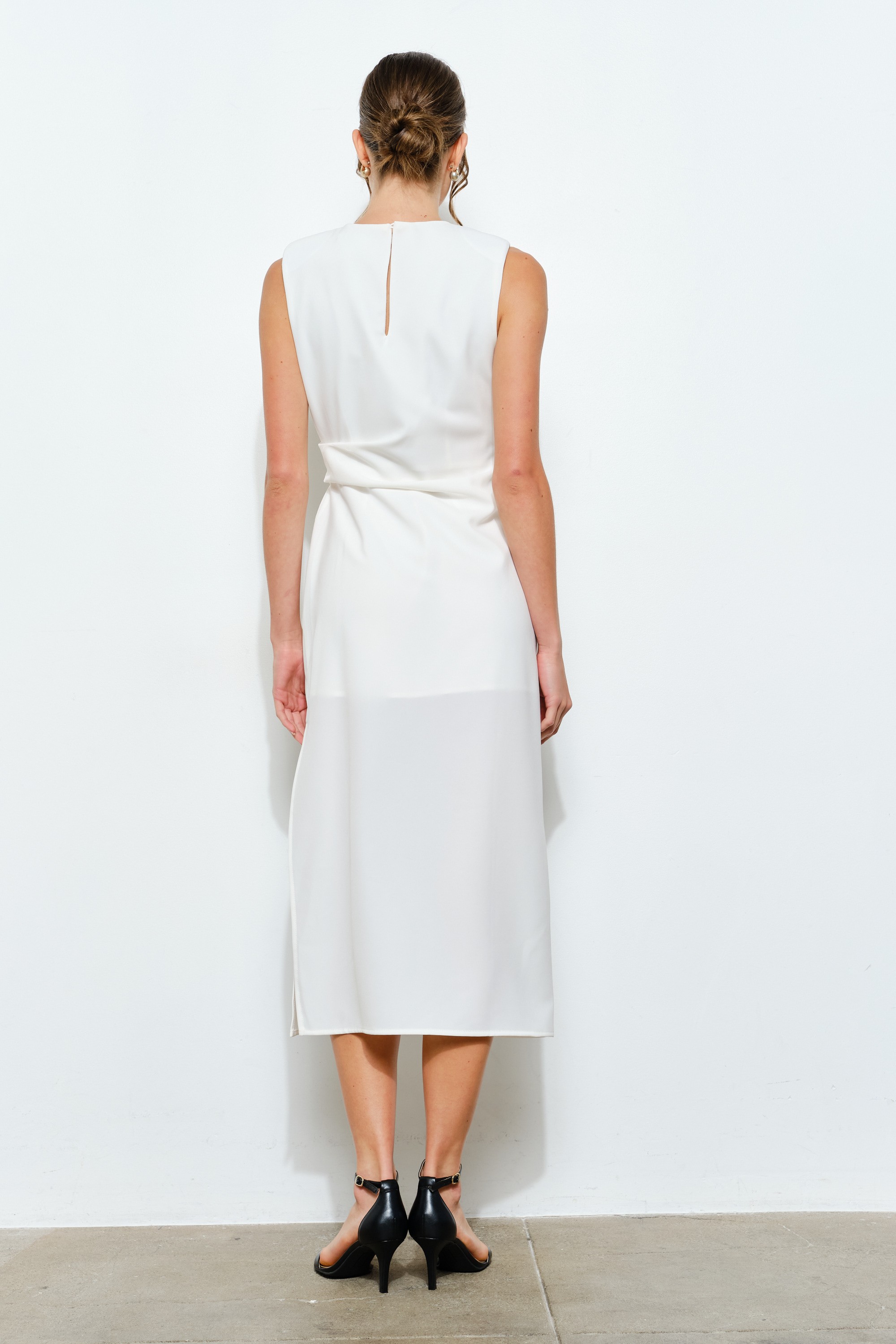 Sleeveless Draped Gold Accent Midi Dress #23592597