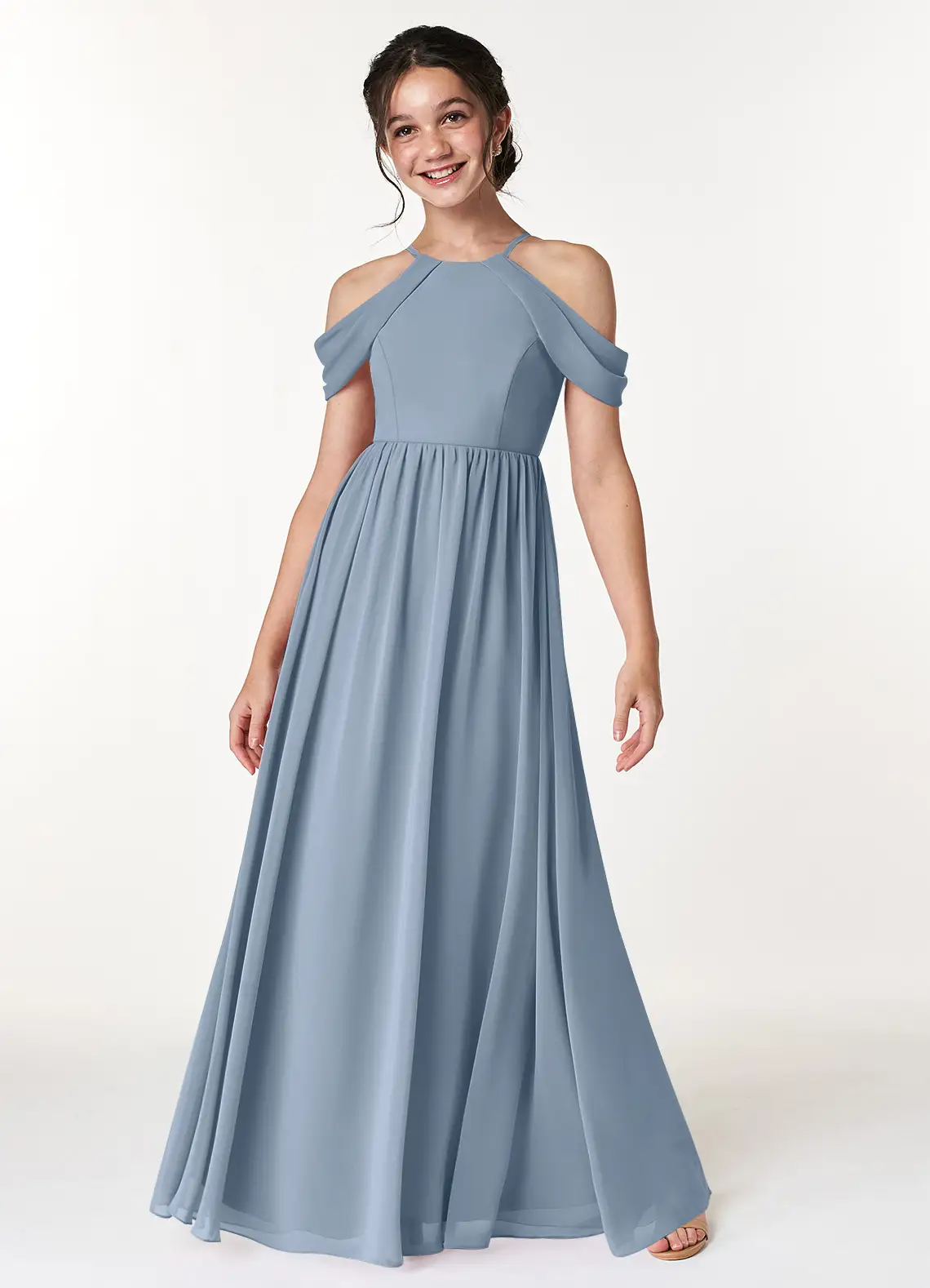 A-Line Off the Shoulder Chiffon Dusty Blue Junior Bridesmaid Dress