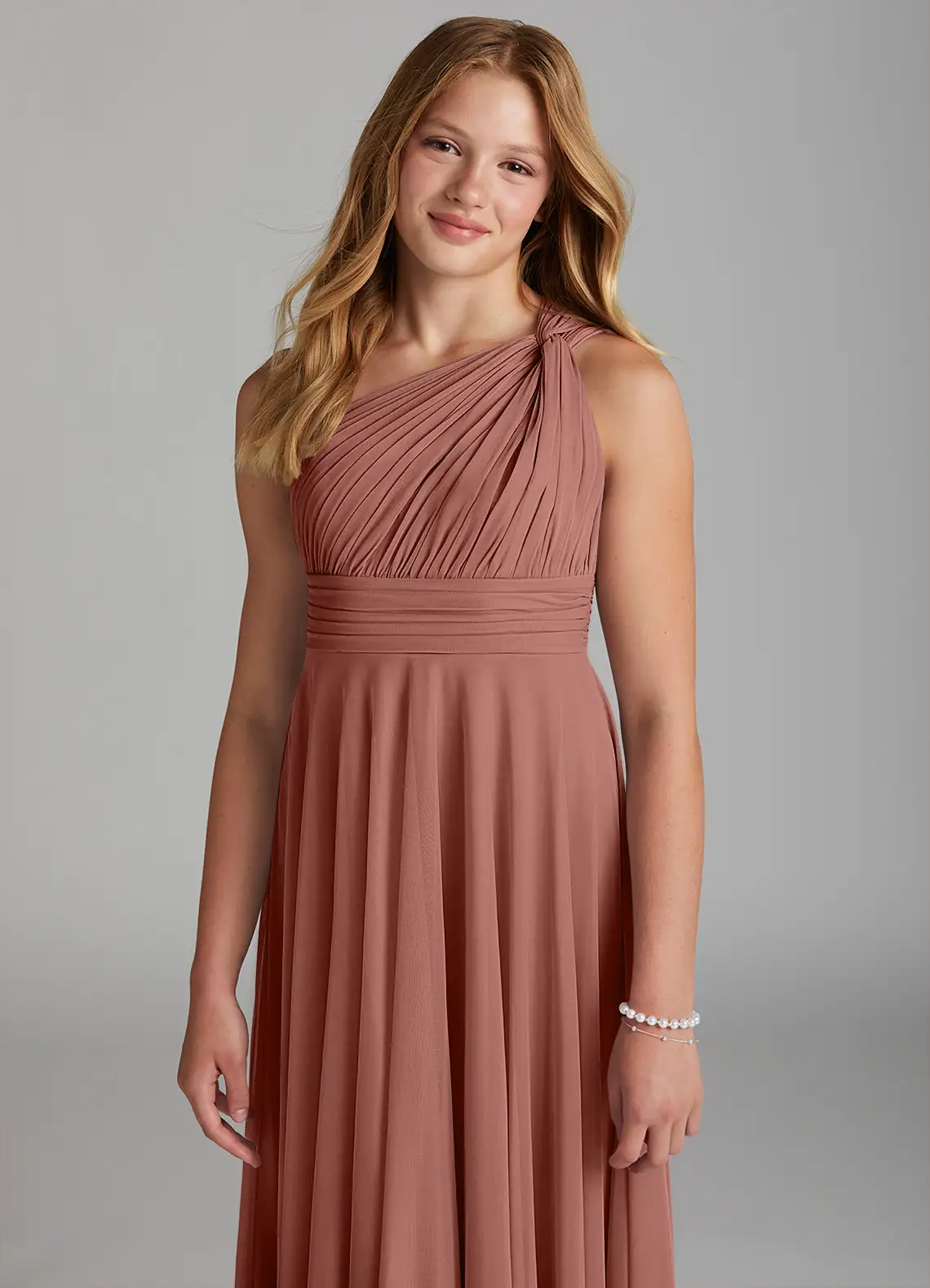 A-Line One-Shoulder Mesh Ruched Cedar Rose Junior Bridesmaid Dress