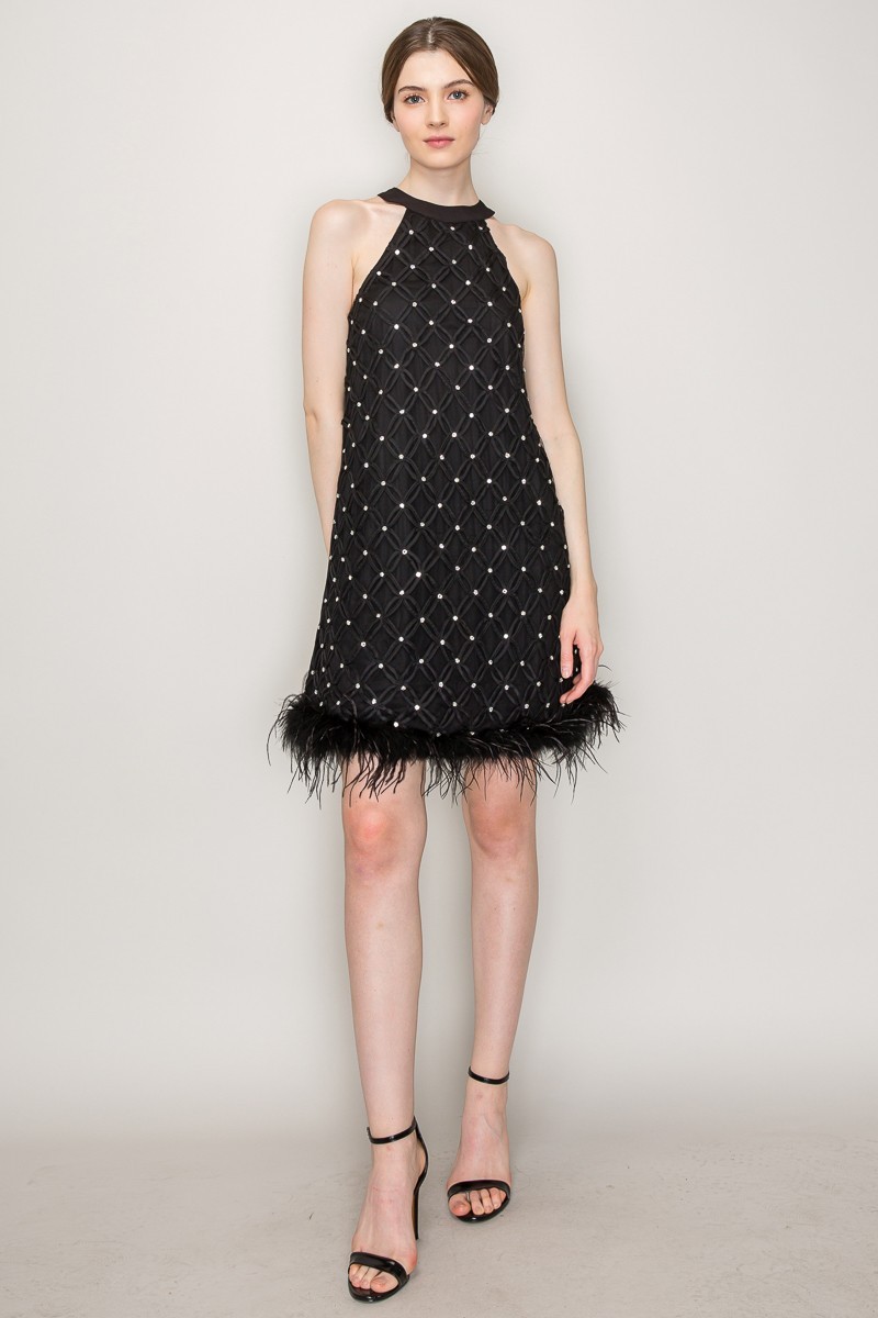 Rhinestone Feather Trimmed Chocker Neck Mini Dress #23549572