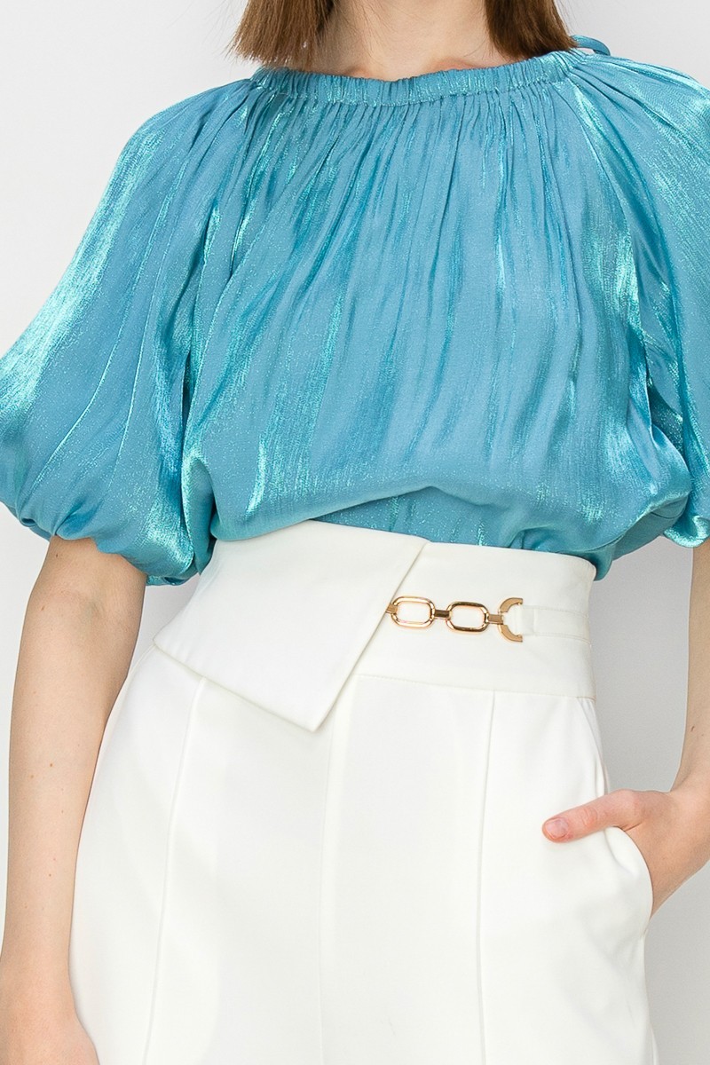 Satin Puff Balloon Sleeves Blouse Top #23108197