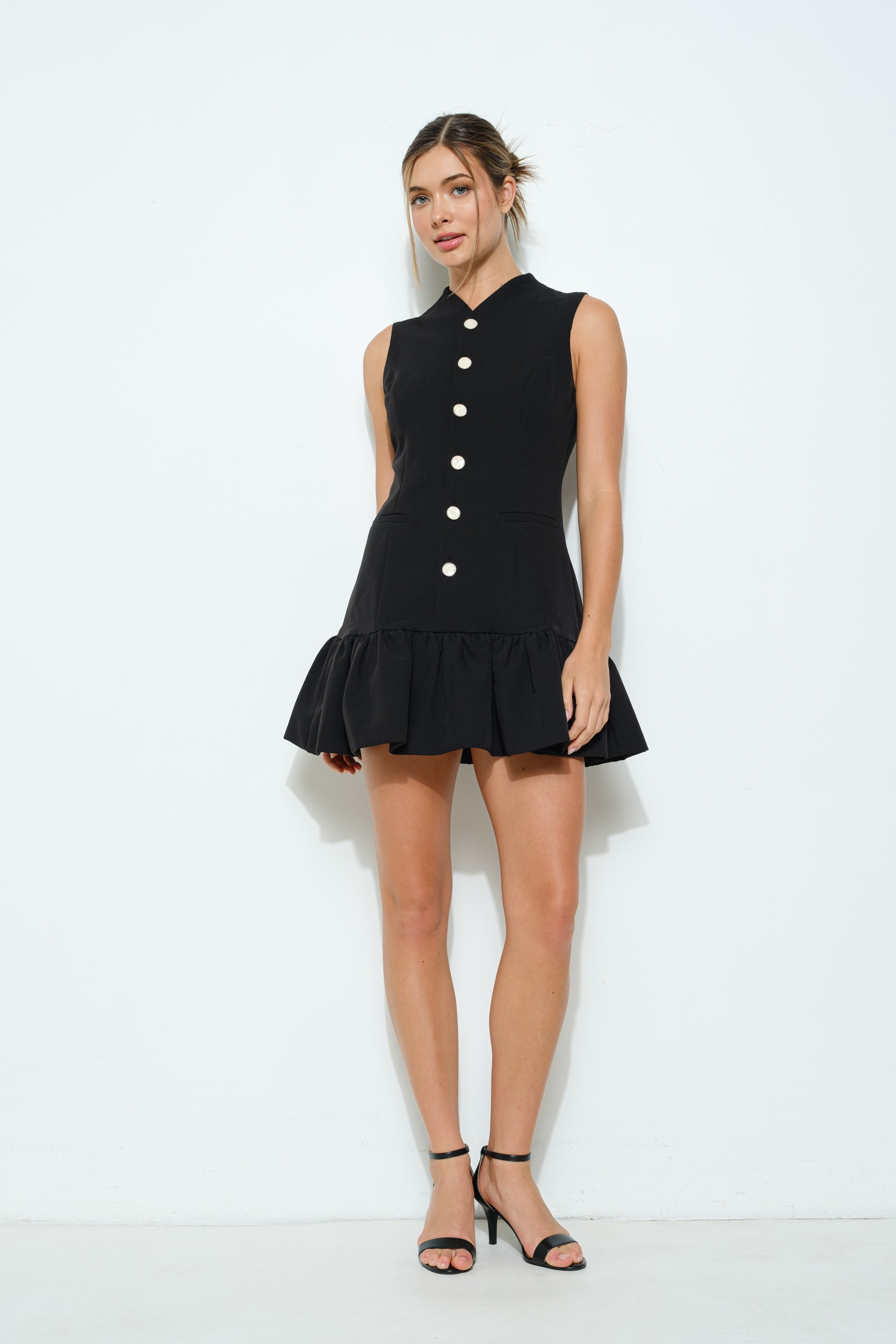 Sleeveless Bubble Hem Buttoned Mini Dress #23508527