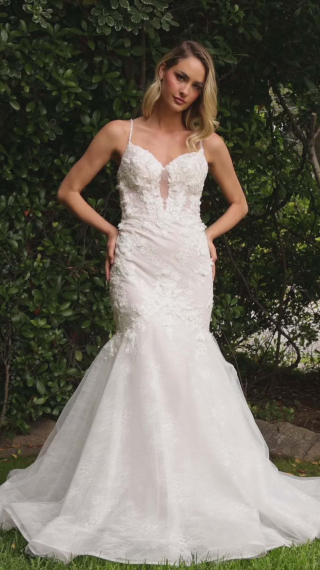 Modern Thin Straps Layered Lace Mermaid Wedding Dress #CD856W
