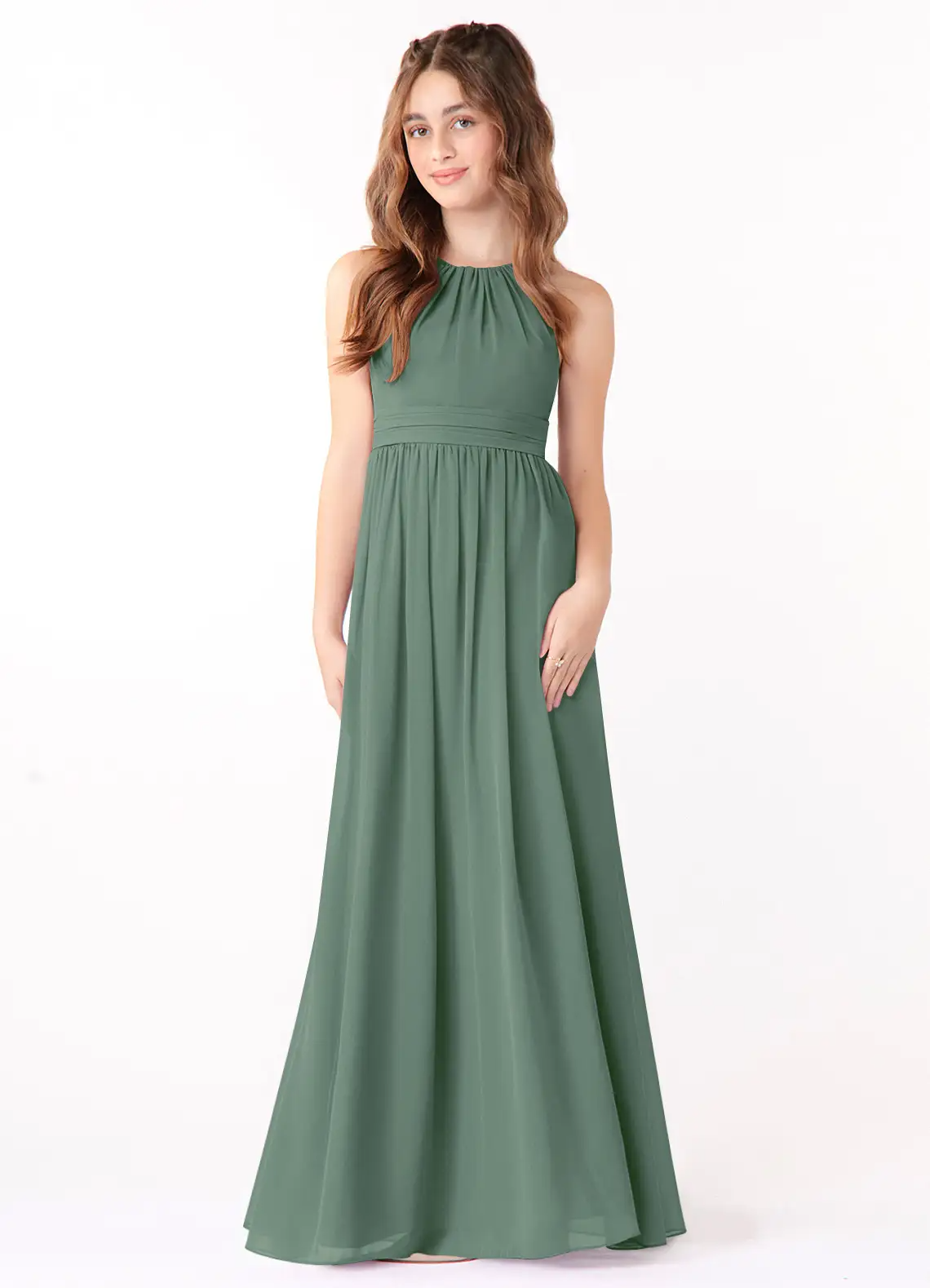A-Line Scoop Ruched Chiffon Eucalyptus Junior Bridesmaid Dress
