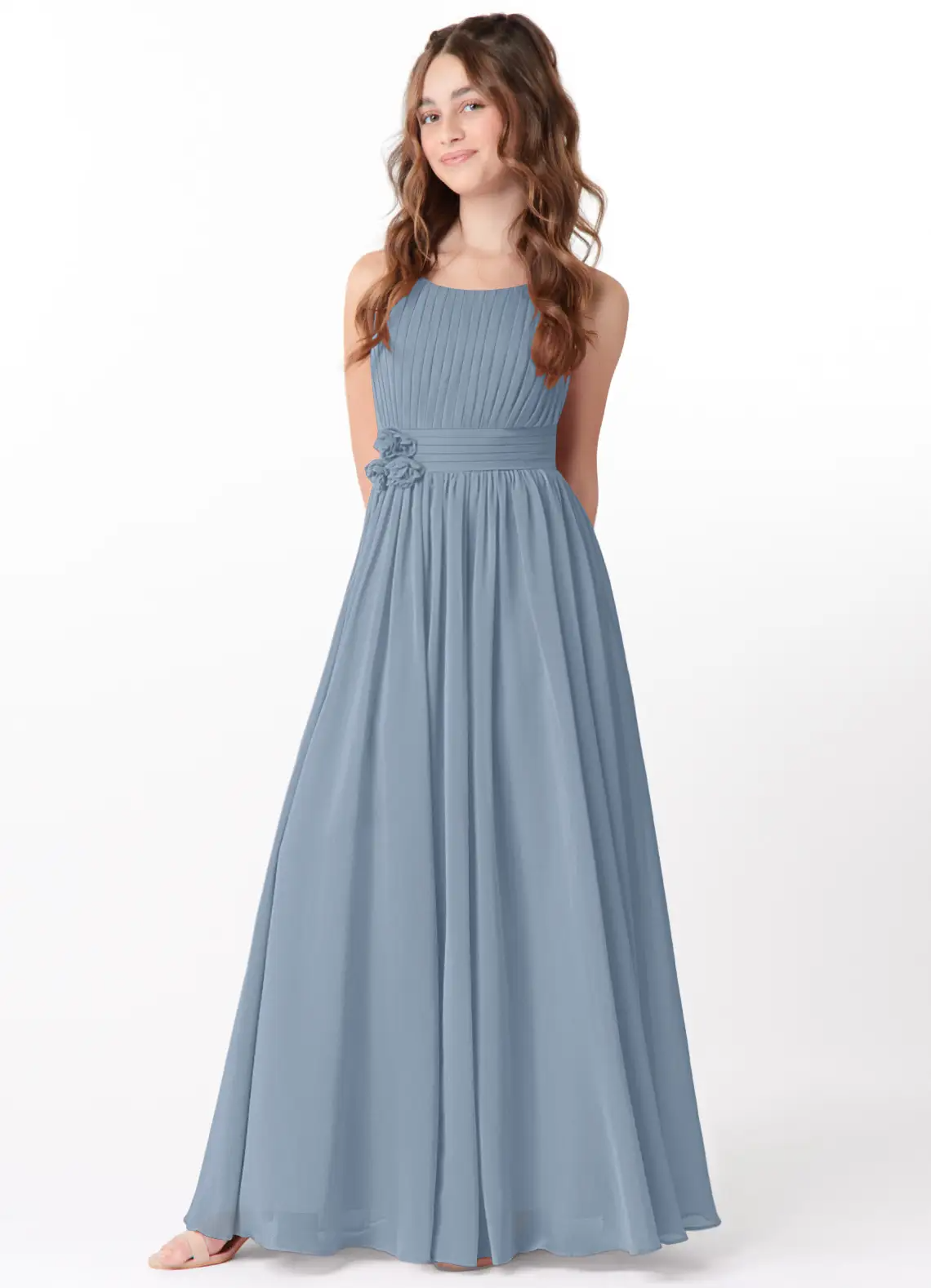 A-Line Scoop Floral Chiffon Dusty Blue Junior Bridesmaid Dress