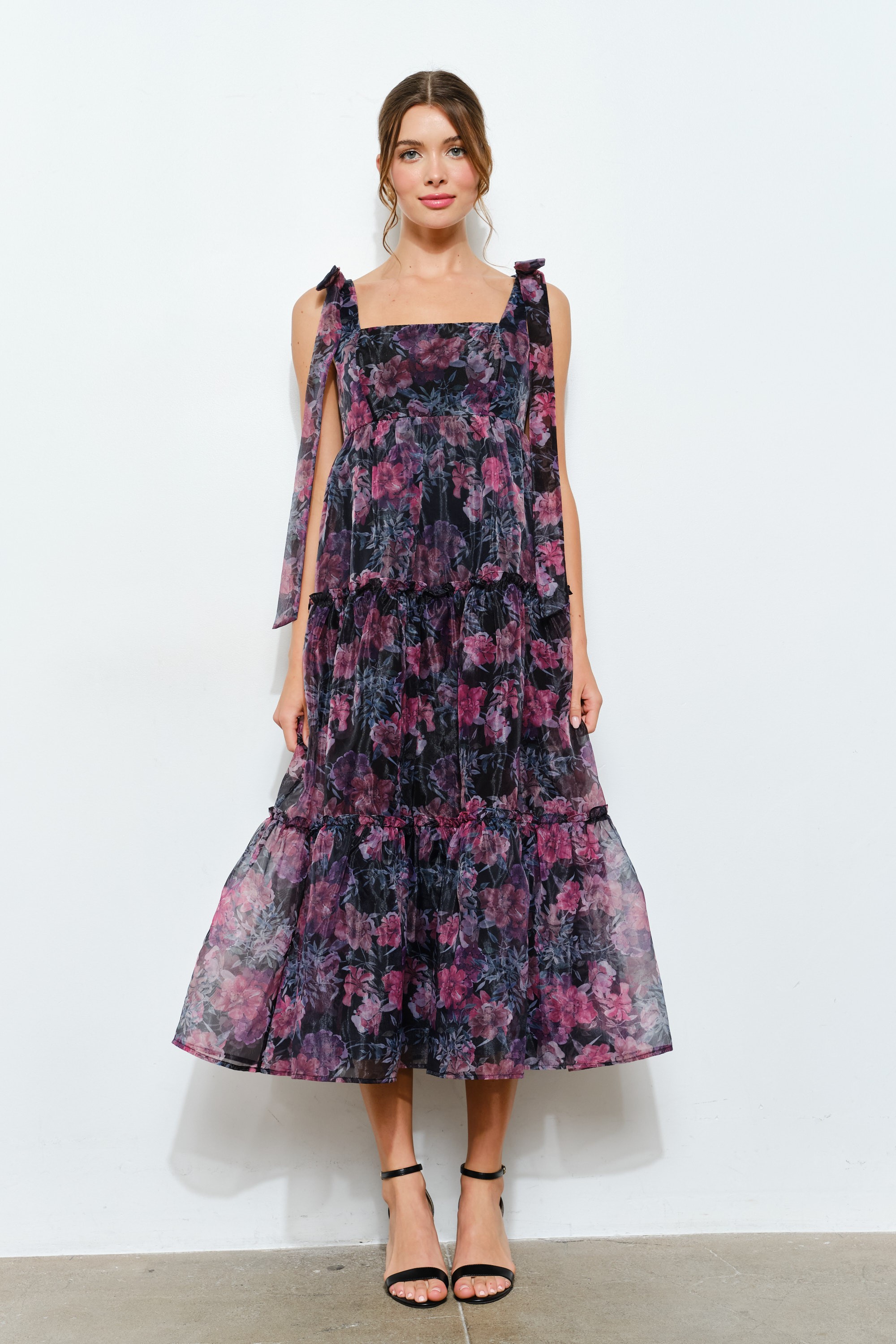 Organza Floral Printed Tiered Midi Dress #23591750