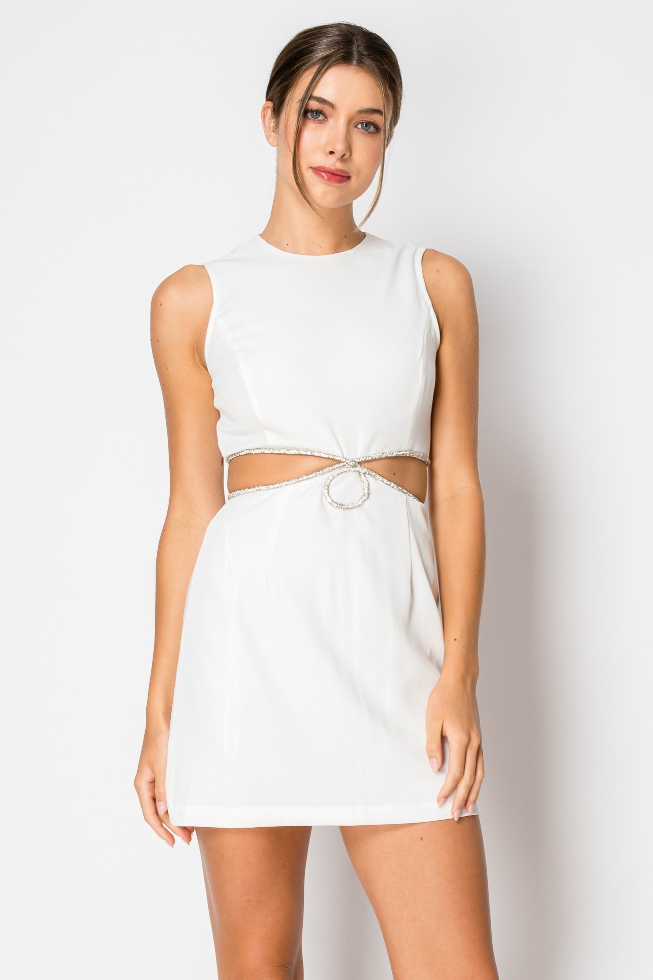 Sleeveless Rhinestone Trim Side Cutout Mini Dress #23673806