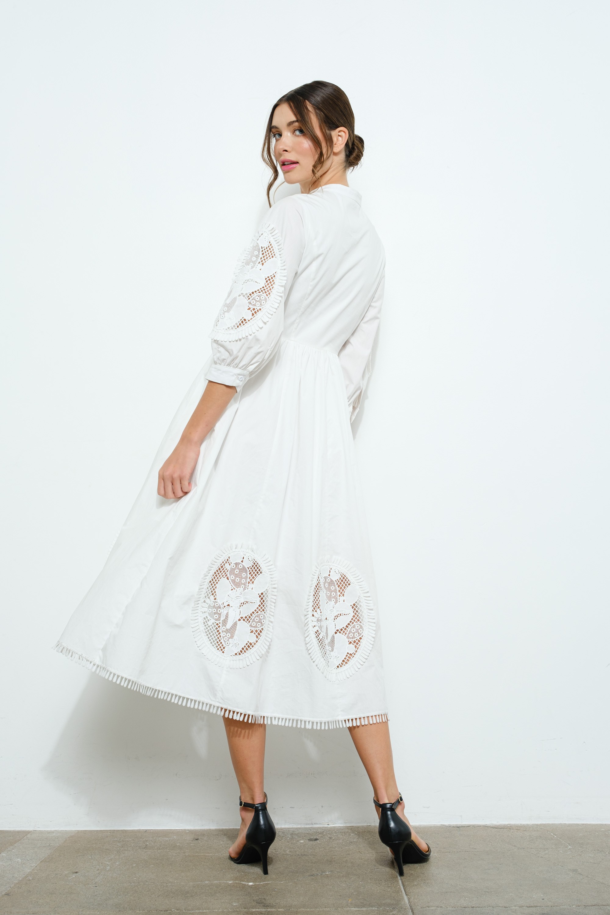 Cotton Lace Embroidered Balloon Sleeve Midi Dress #23536932