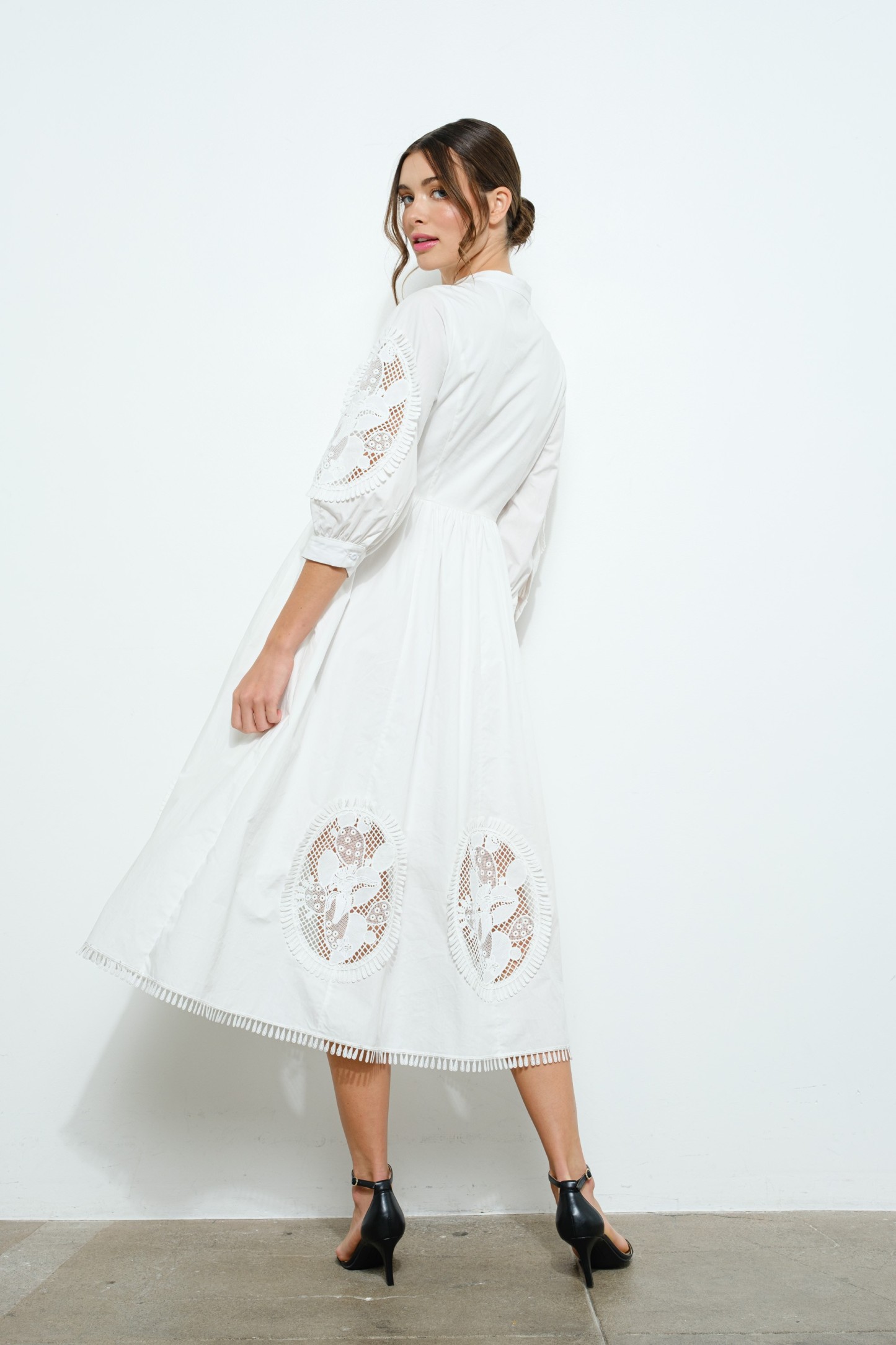 Cotton Lace Embroidered Balloon Sleeve Midi Dress #23536932
