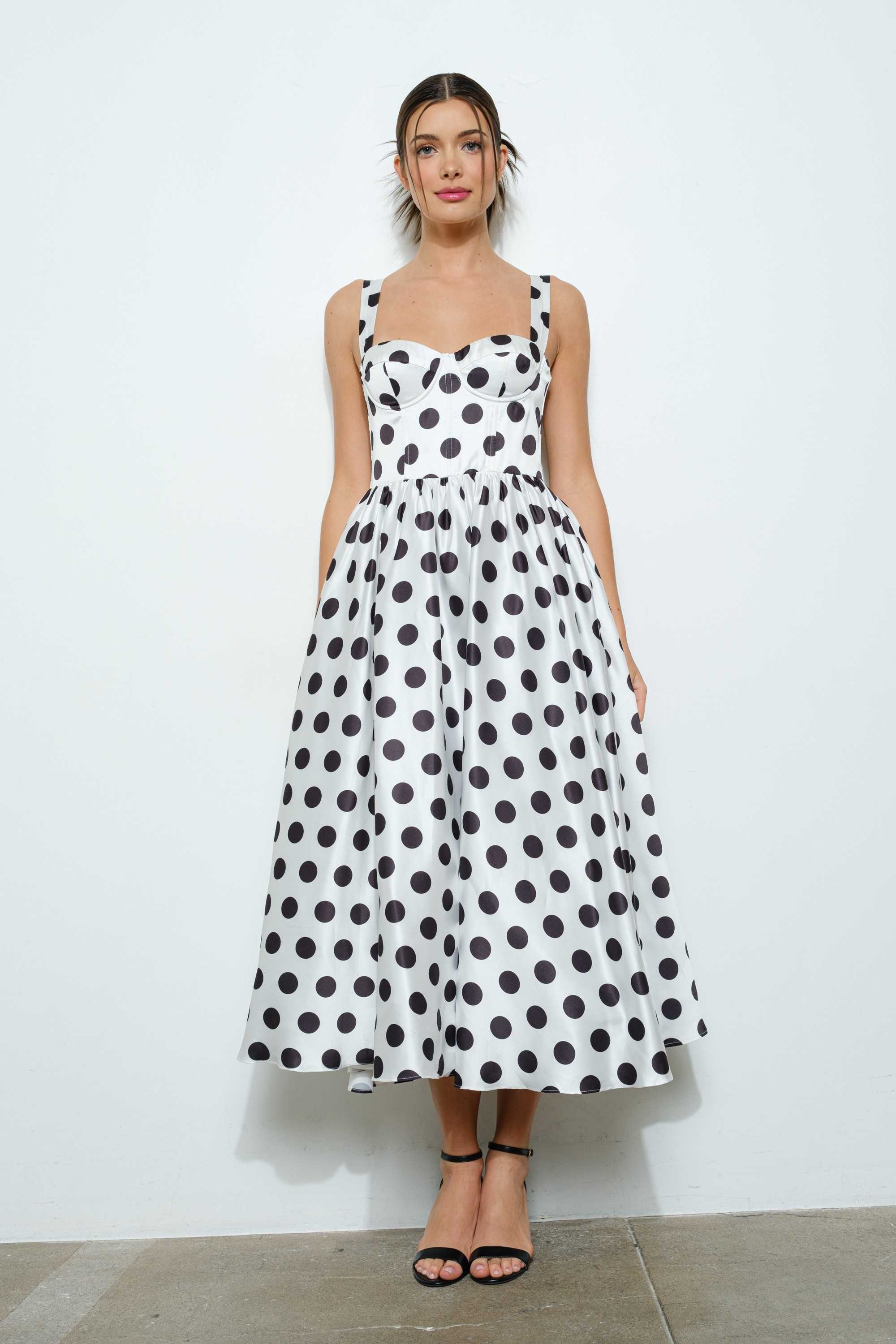 Sweetheart Polka Dot Bustier Midi Dress #23495729