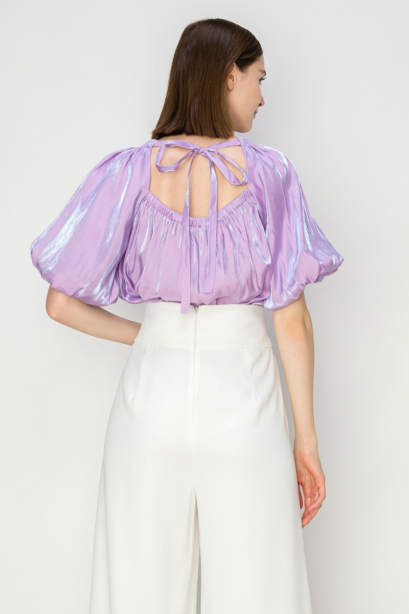 Satin Puff Balloon Sleeves Blouse Top #23108197