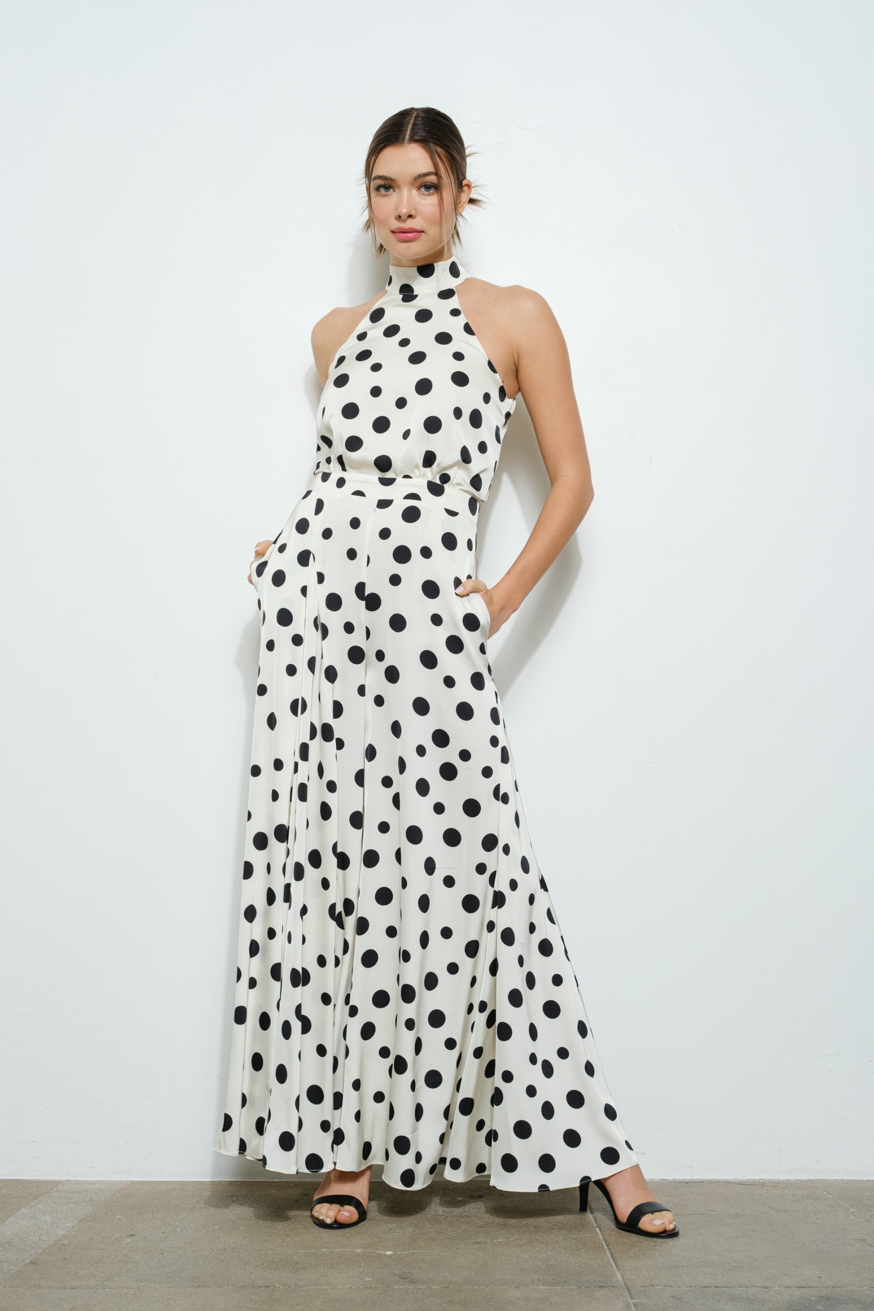 Polka Dot Print Halter Neck Wide-leg Jumpsuit #23673191
