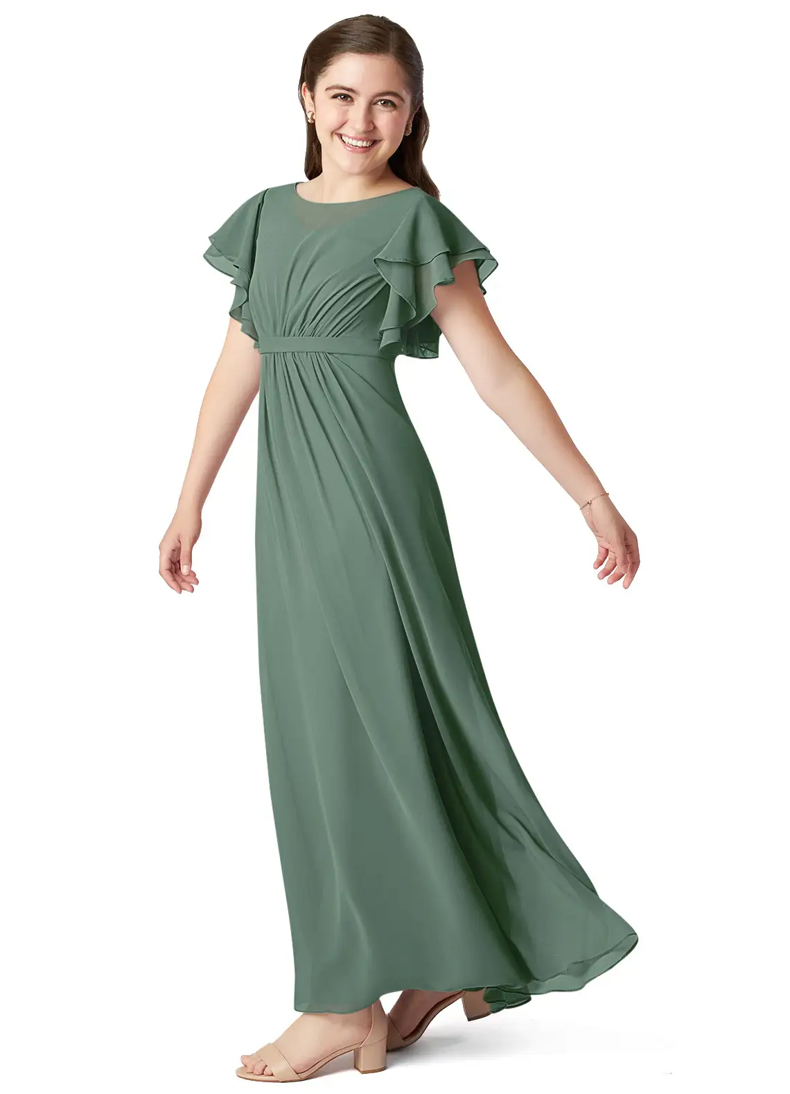 A-Line Scoop Pleated Chiffon Eucalyptus Bridesmaid Dress
