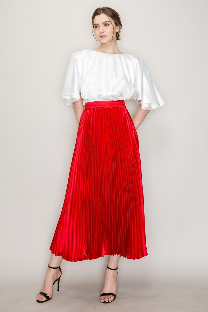 High Waist Satin Pleated Long Skirt #22890652