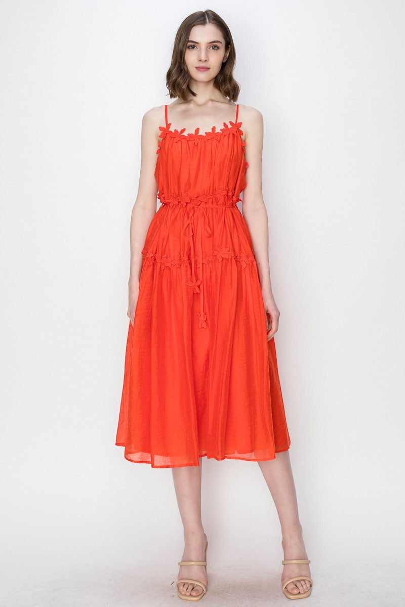 Satin Sleeveless Floral Lacetrim Detail Midi Dress #23635204