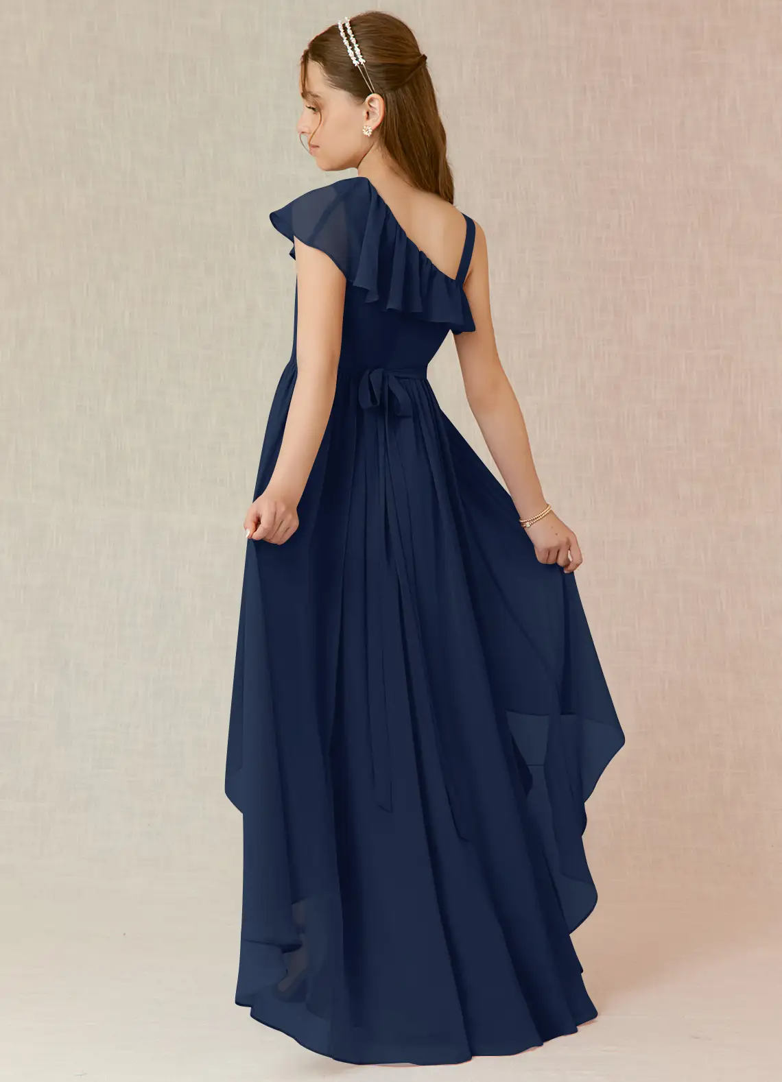 A-Line Ruched Chiffon Dark Navy Junior Bridesmaid Dress