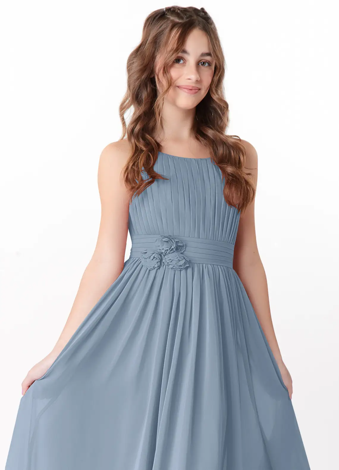A-Line Scoop Floral Chiffon Dusty Blue Bridesmaid Dress