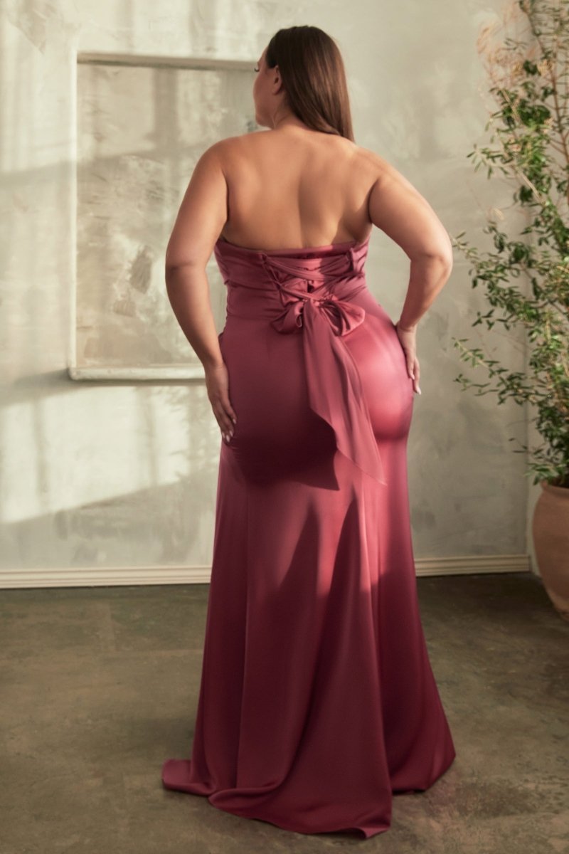 Classic Fitted Strapless Pleated Soft Satin Slit Bridesmaid Dress #CD326C