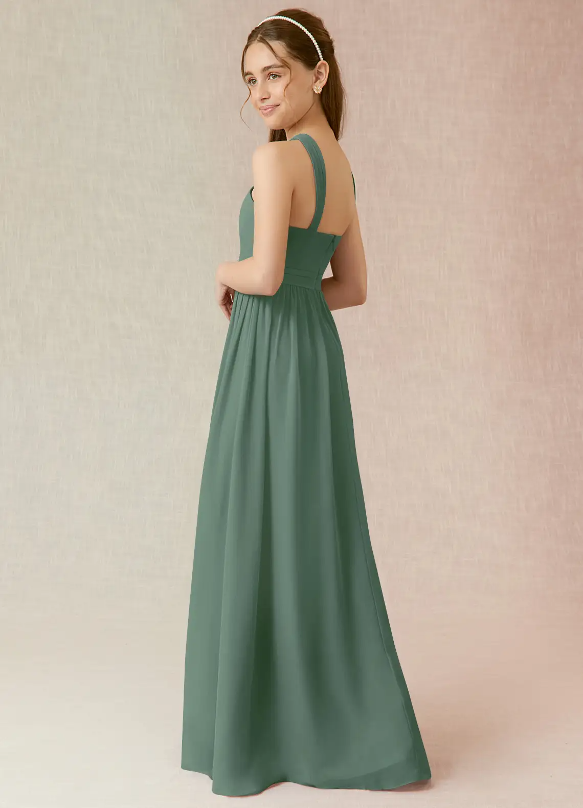 A-Line Halter Pleated Chiffon Eucalyptus Junior Bridesmaid Dress