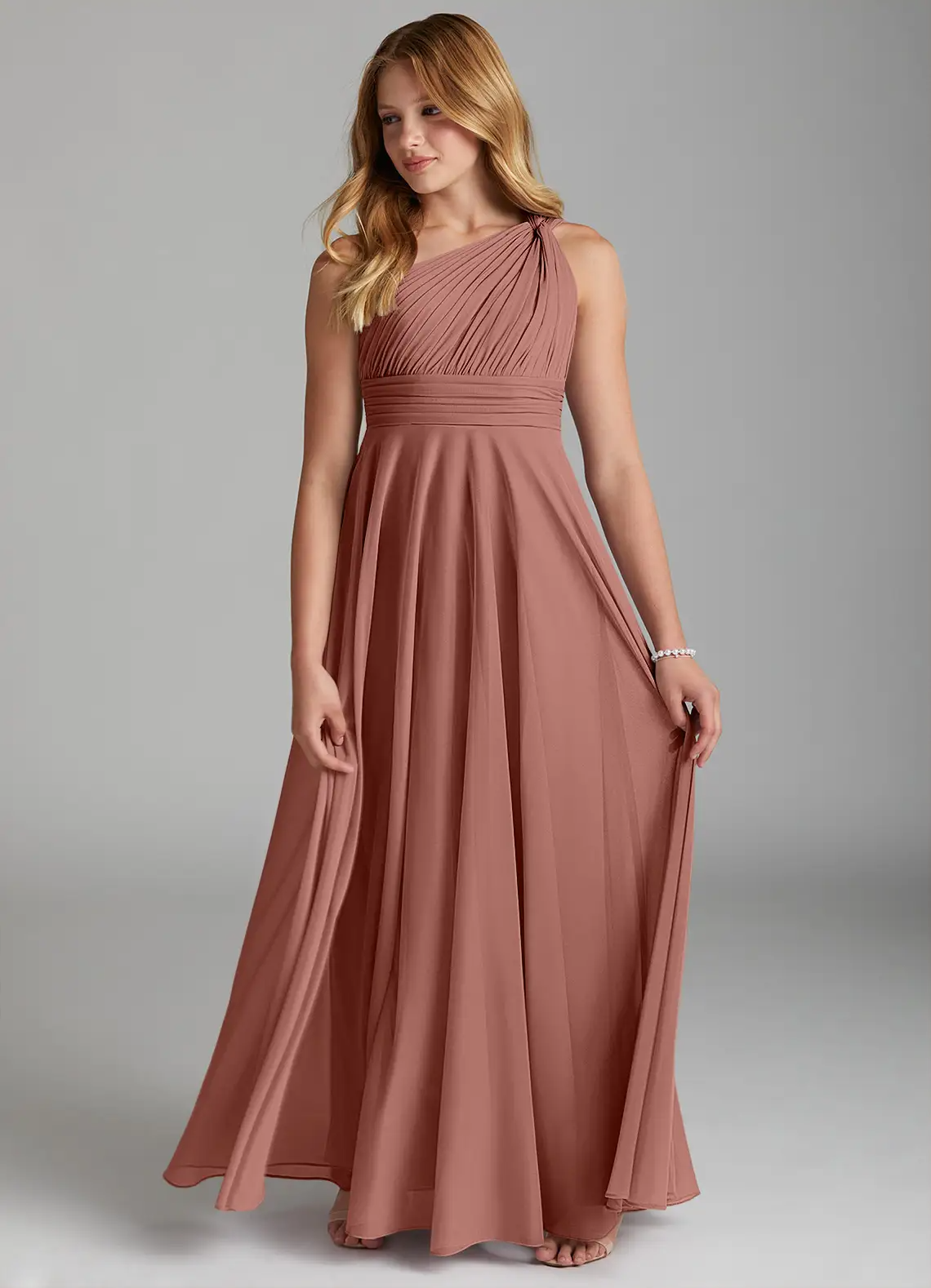 A-Line One-Shoulder Mesh Ruched Cedar Rose Junior Bridesmaid Dress