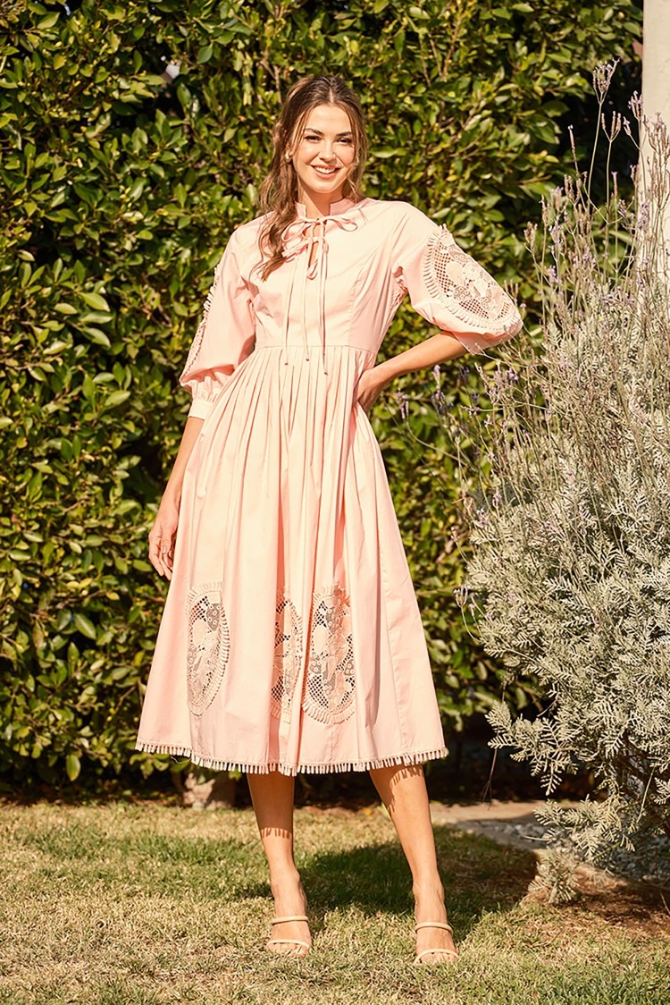 Cotton Lace Embroidered Balloon Sleeve Midi Dress #23536932