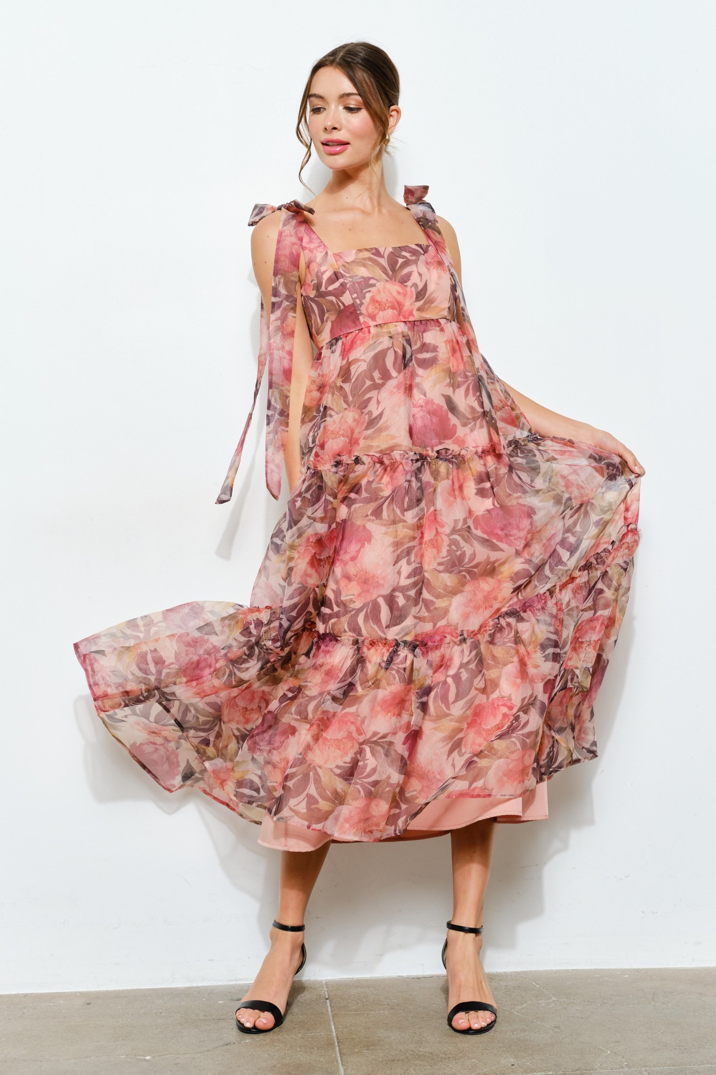 Organza Floral Printed Tiered Midi Dress #23591848