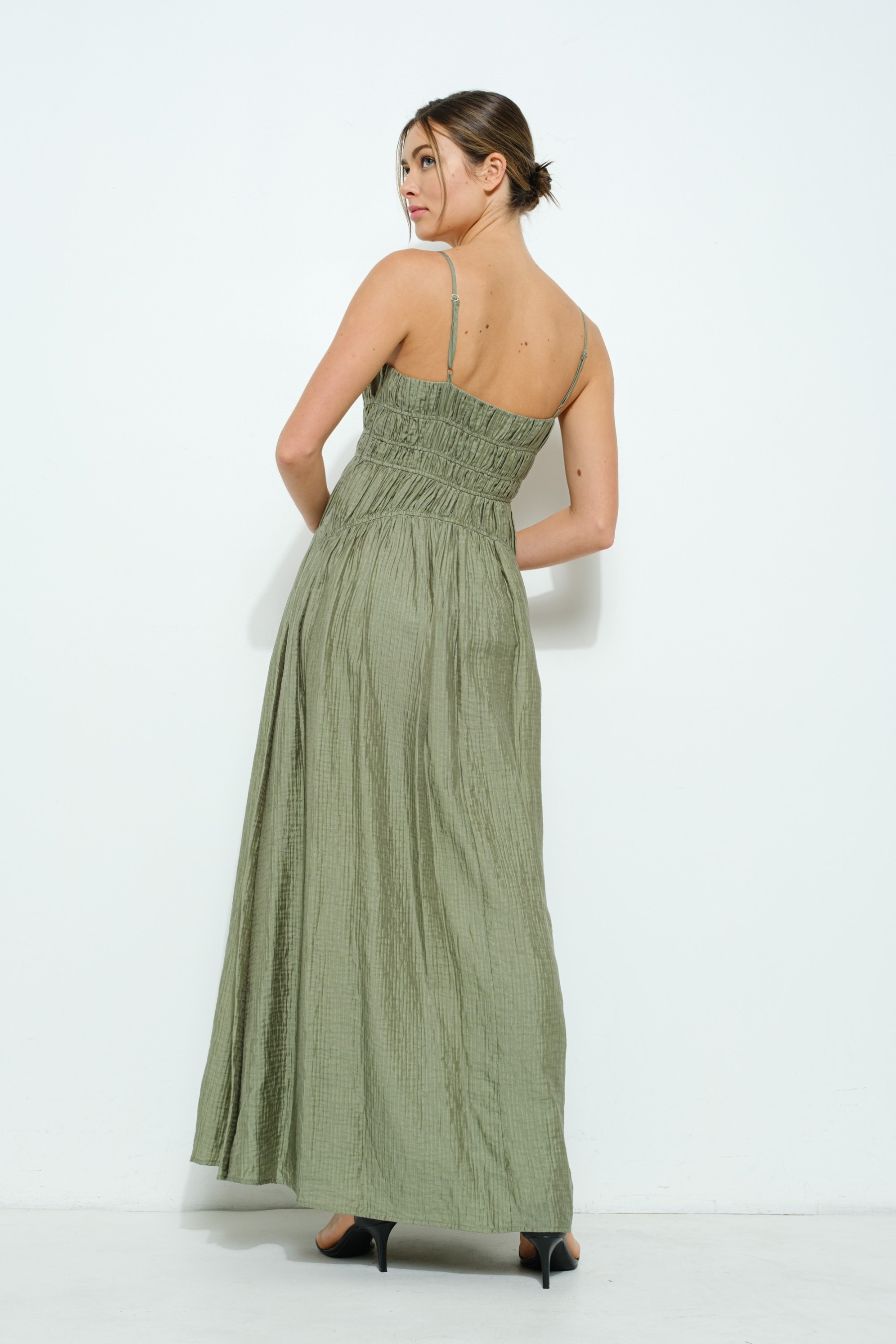 Satin Ruched Detailing Sleeveless Maxi Dress #23674842