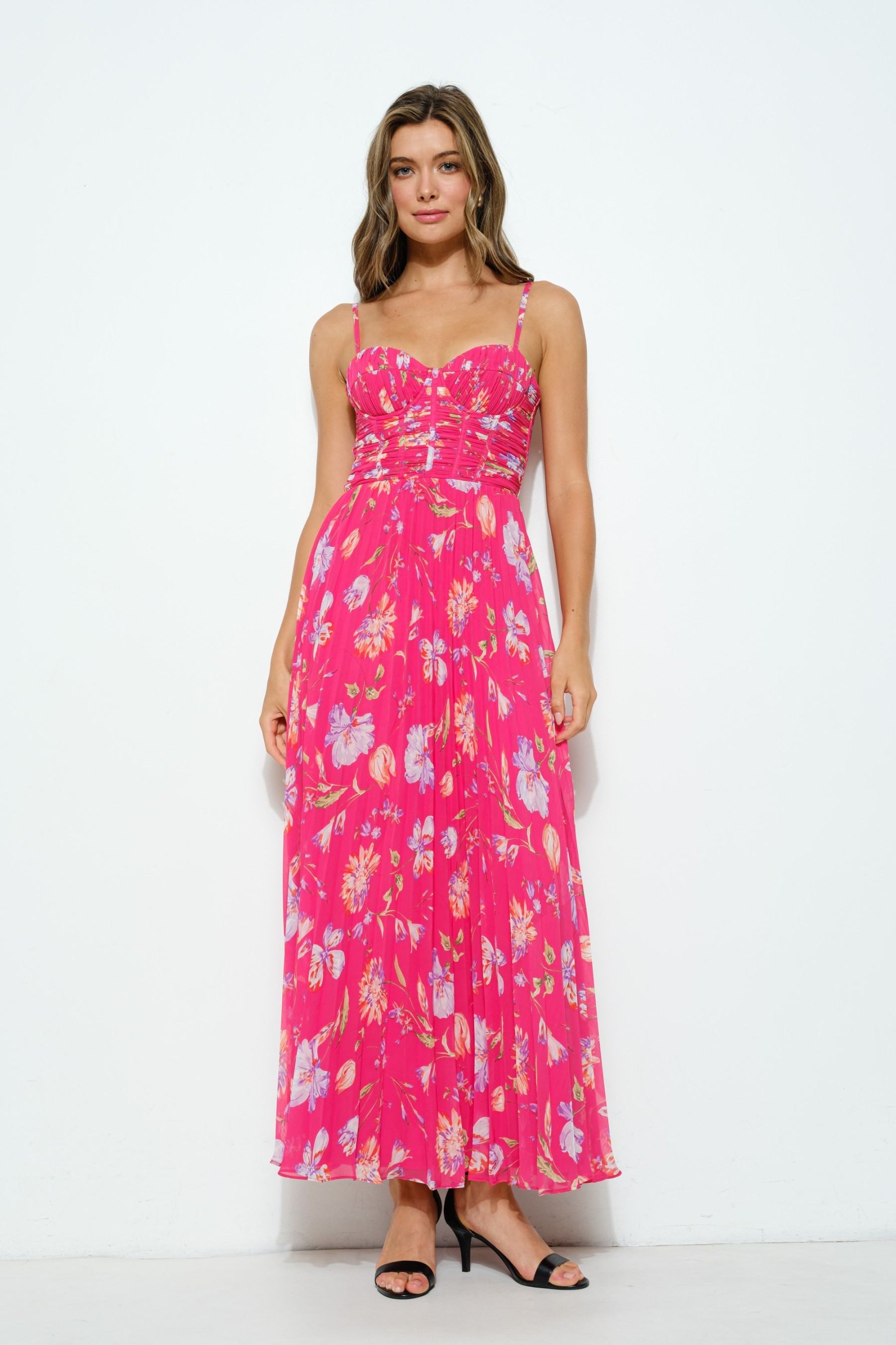 Sleeveless Floral Print Bustie Pleated Maxi Dress #23672882