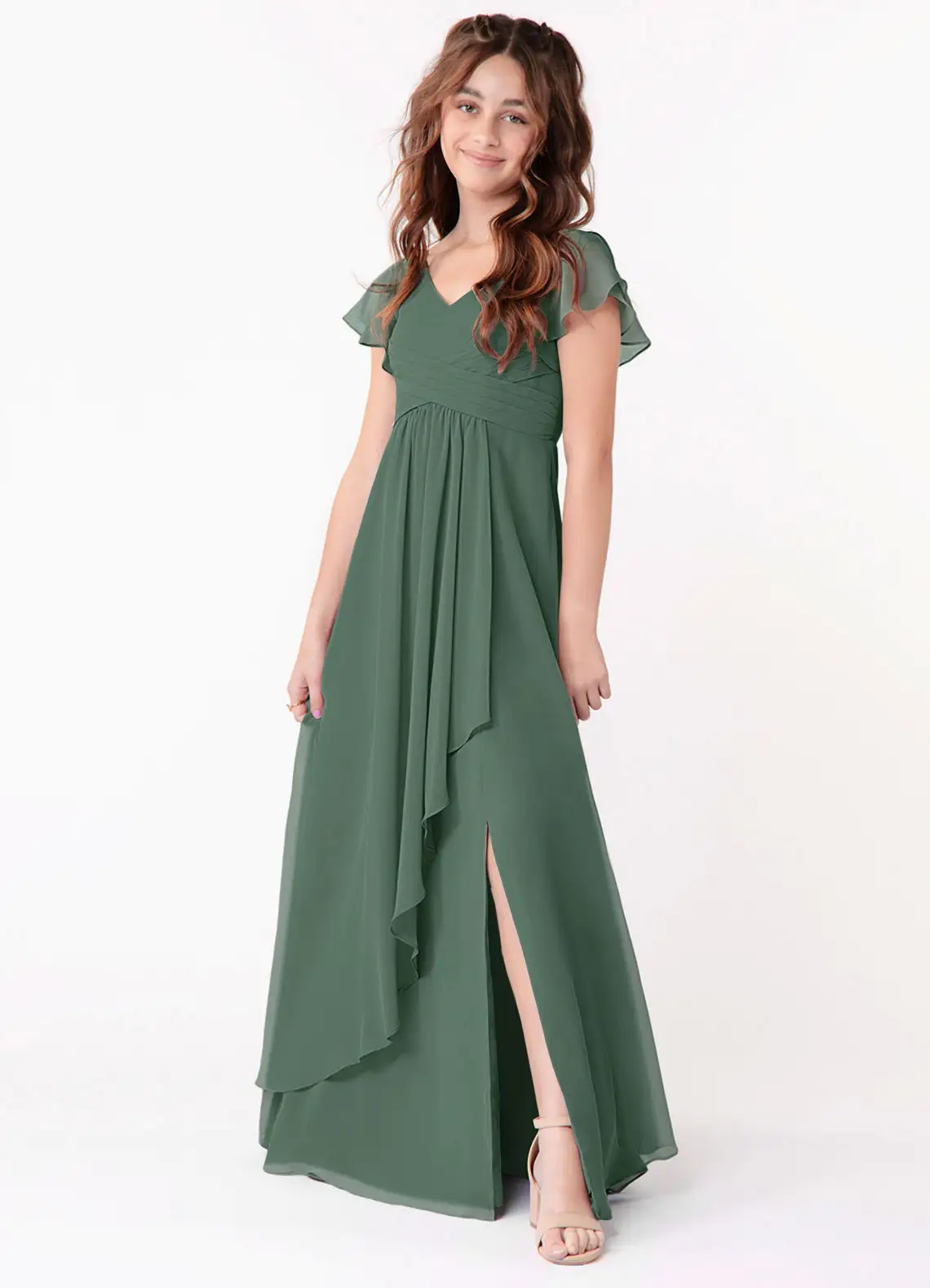 A-Line V-Neck Ruched Chiffon Eucalyptus Junior Bridesmaid Dress
