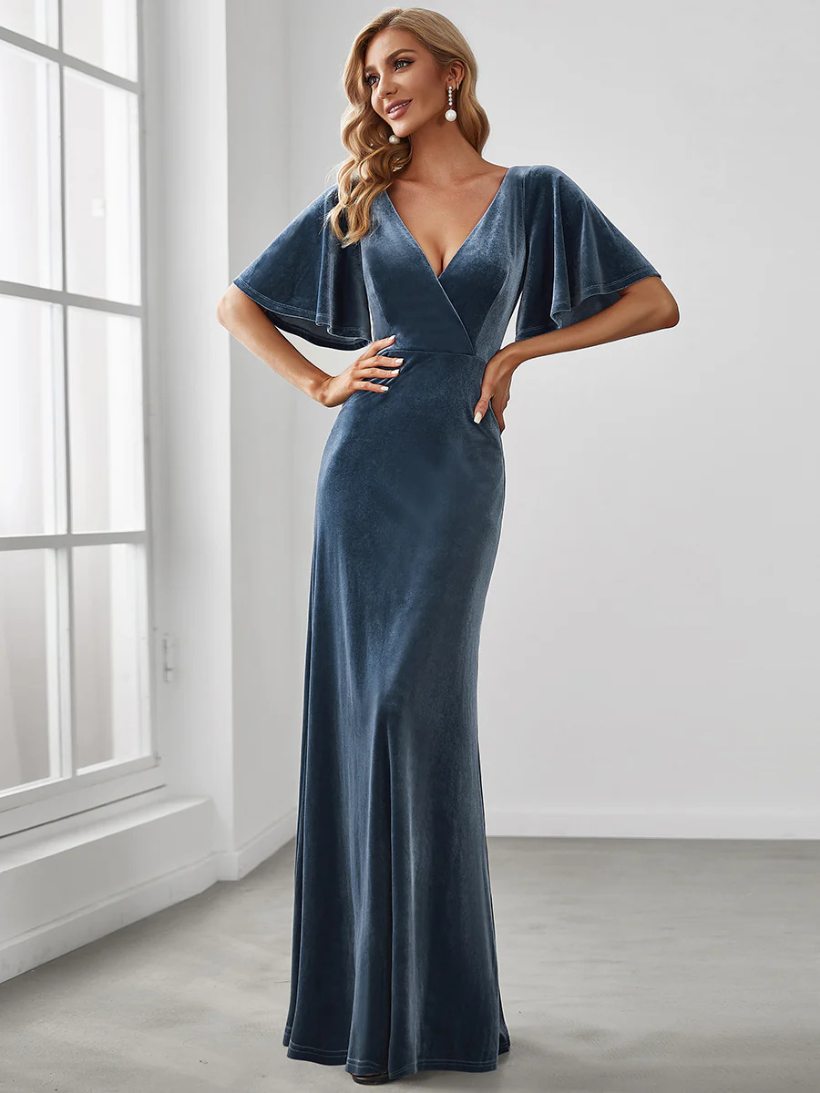 Elegant Double V Neck Velvet Bridesmaid Dress #EMEP00861  Emdresses