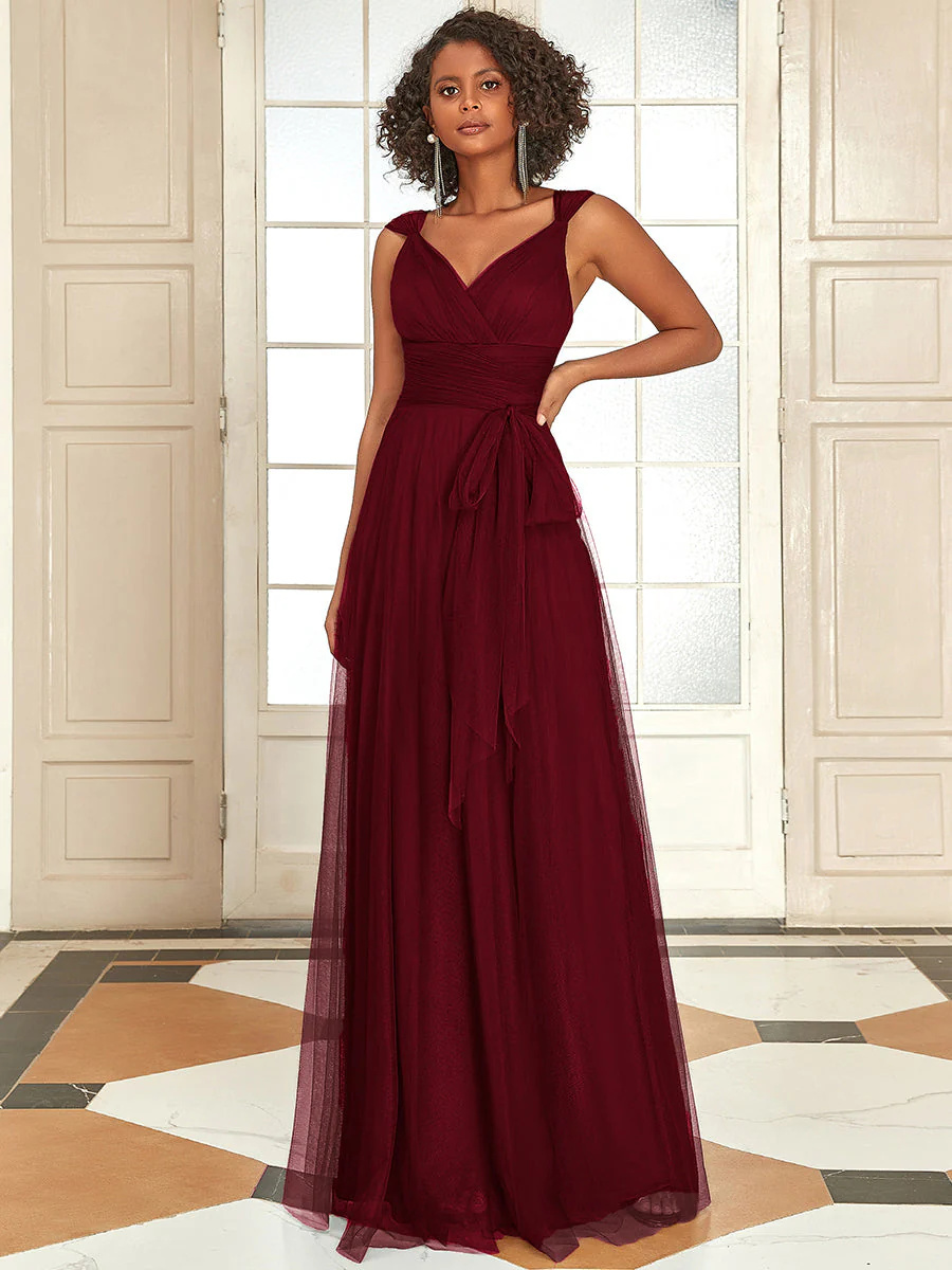 Floor Length Sleeveless Tulle Bridesmaid Dresses #EMEP07303