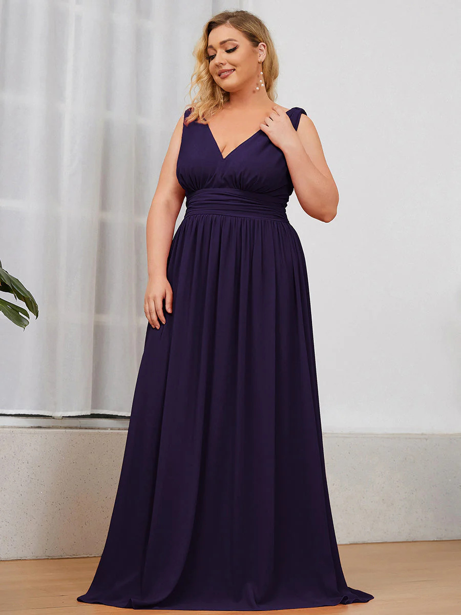Double V-Neck Chiffon Maxi Long Plus Size Bridesmaid Dress #EMES09018
