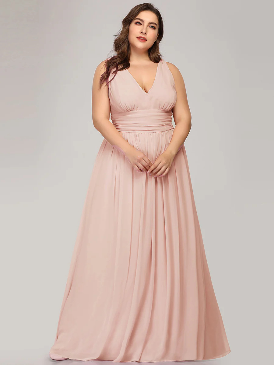 Double V-Neck Maxi Long Plus Size Bridesmaid Dress #EMEP09016