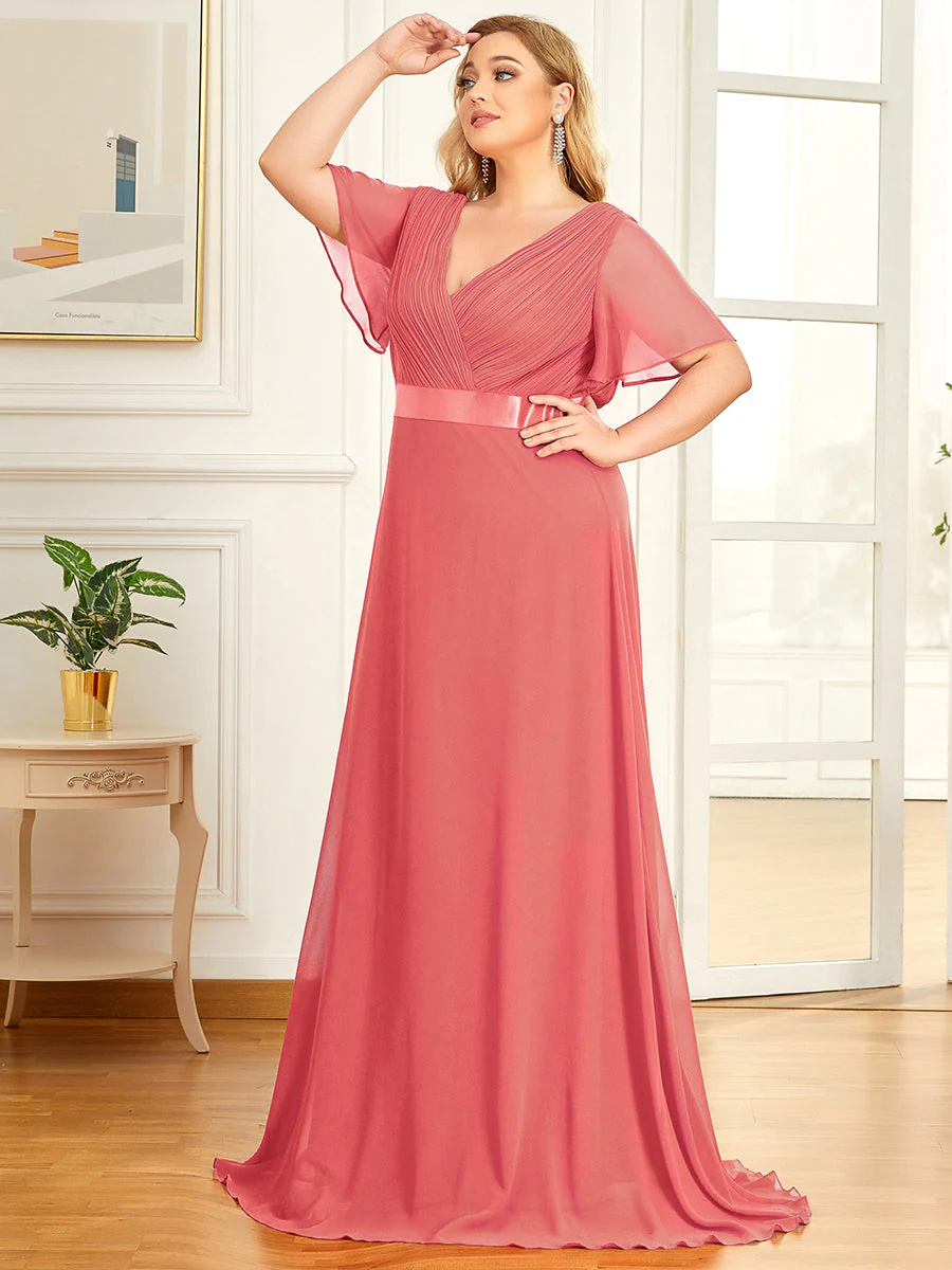 Double V-Neck Ruffles Padded Plus Size Bridesmaid Dress #EP09890