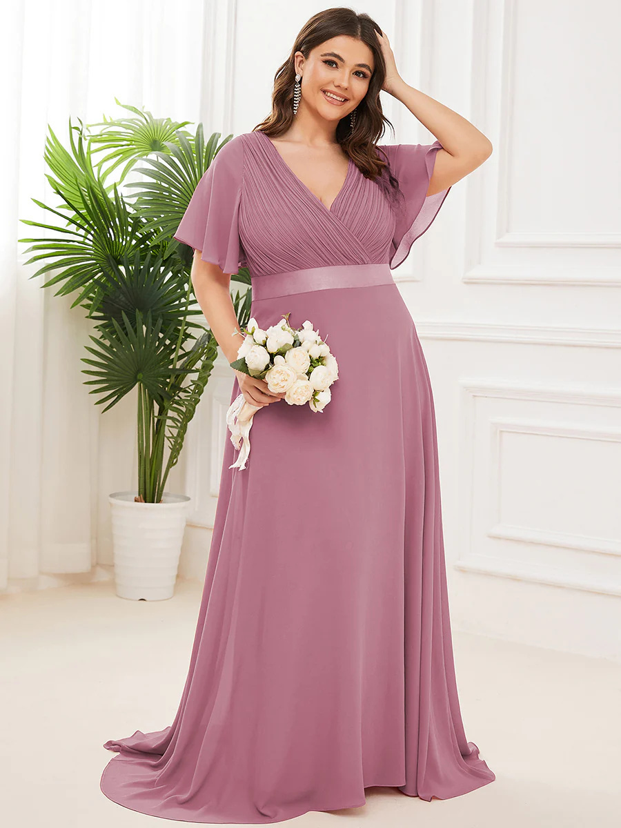 Double V-Neck Ruffles Padded Plus Size Bridesmaid Dress #EP09890