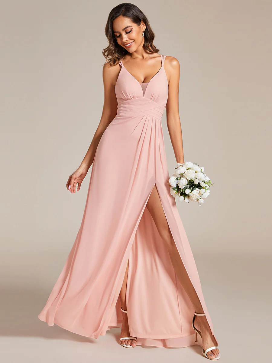 Plunging Neck Split Spaghetti Strap Back X-Cross Bridesmaid Dress #EMES02091