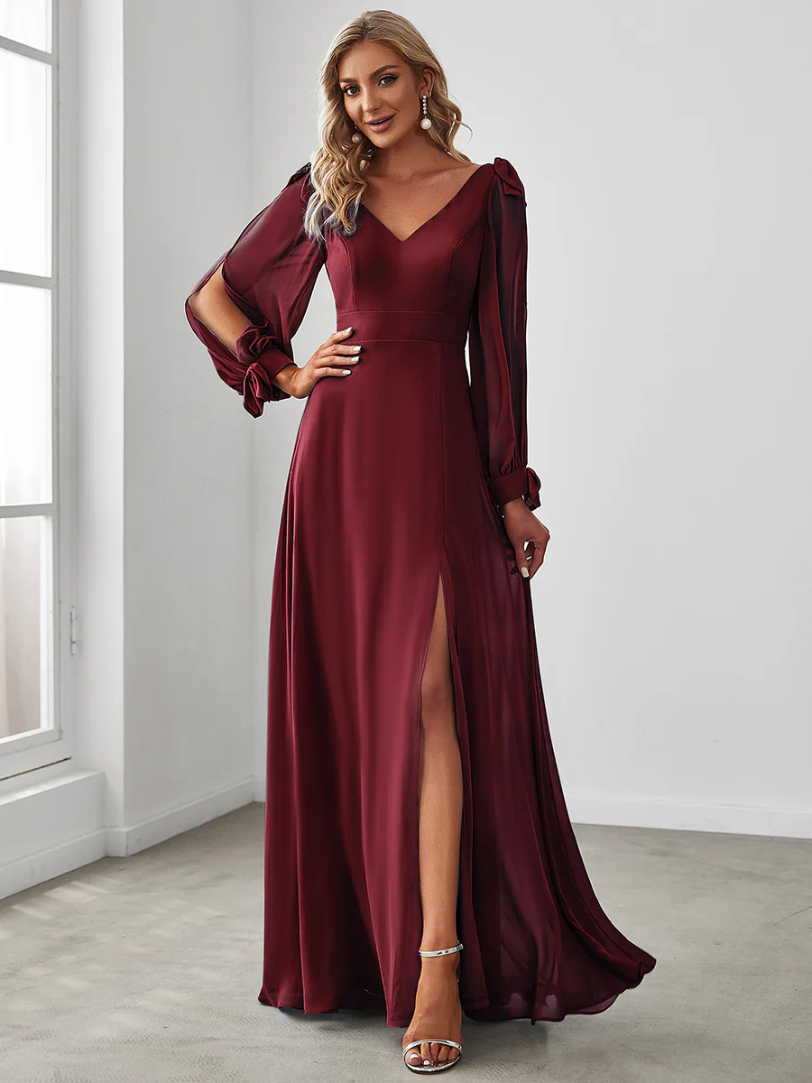 Long Lantern Sleeves A Line V Neck Bridesmaid Dresses #EMES80116