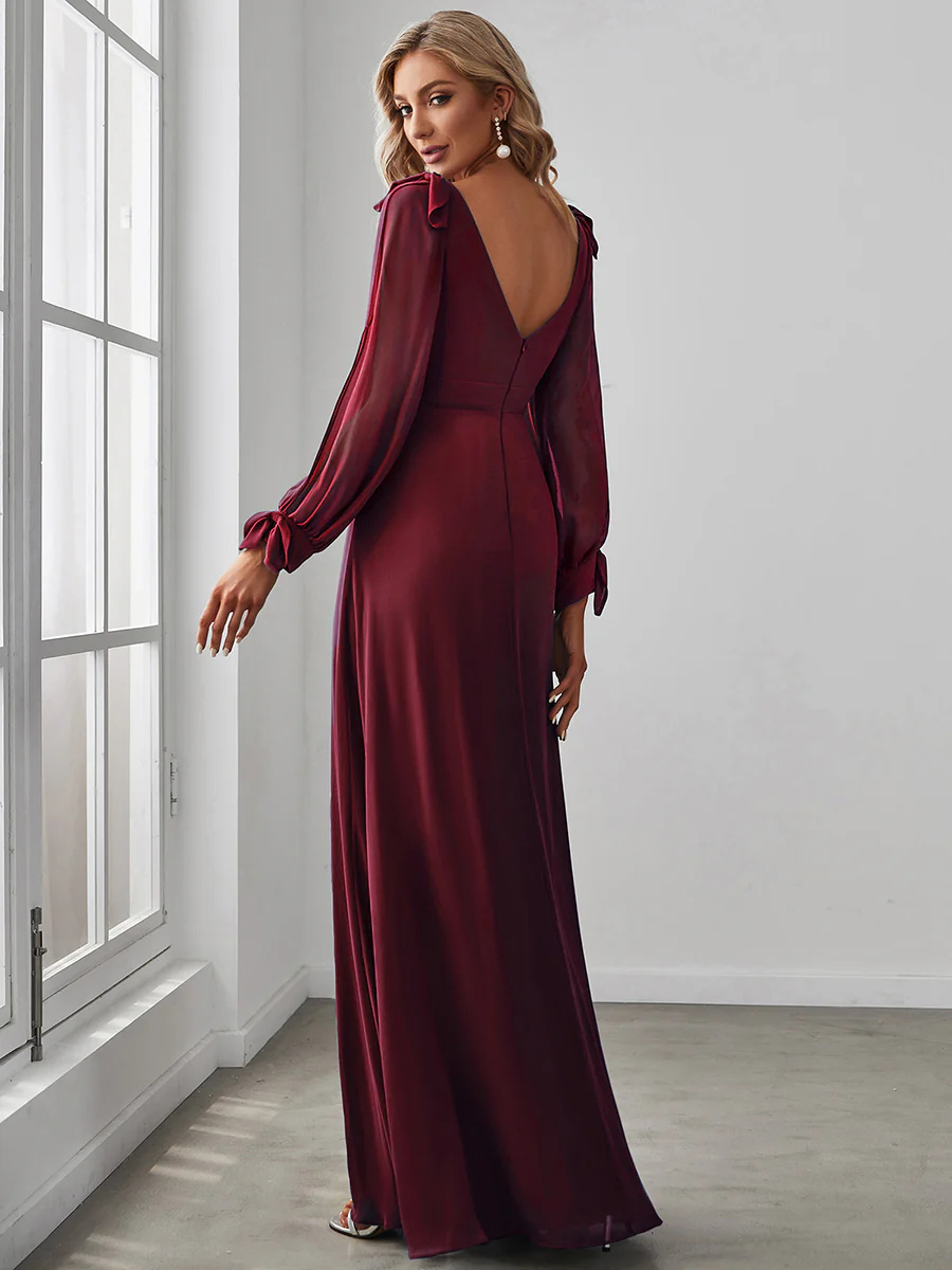 Long Lantern Sleeves A Line V Neck Bridesmaid Dresses #EMES80116