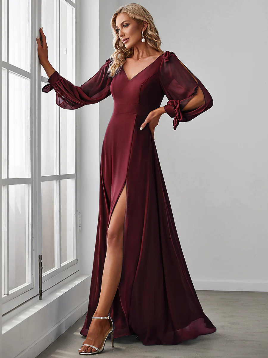 Long Lantern Sleeves A Line V Neck Bridesmaid Dresses #EMES80116