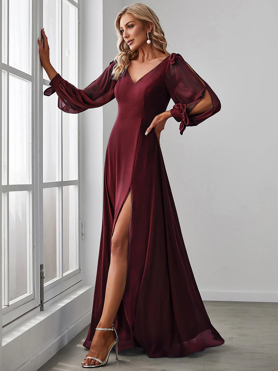 Long Lantern Sleeves A Line V Neck Bridesmaid Dresses #EMES80116